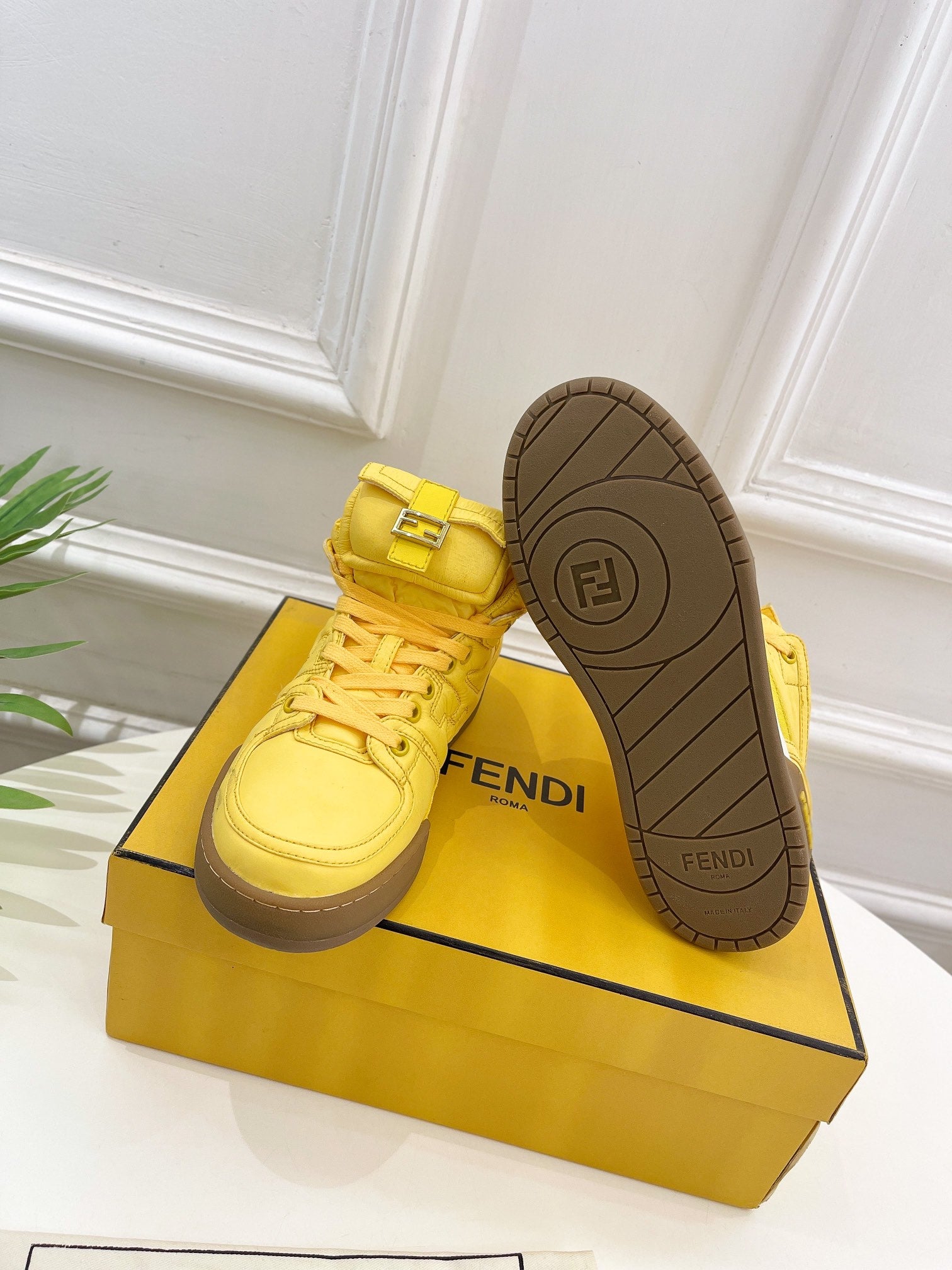 FENDI LOGO SOCK SNEAKER BOOTS IN CORN YELLOW LAMBSKIN