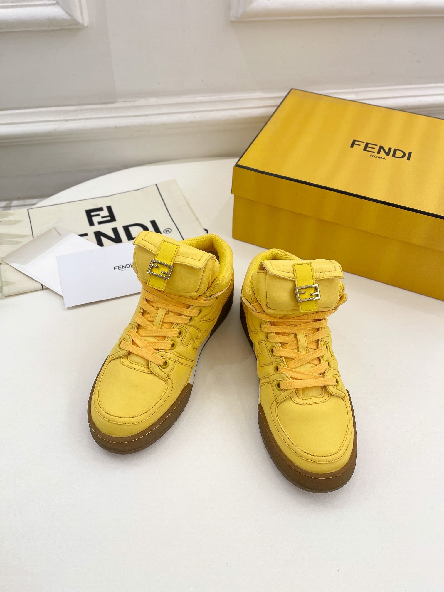 FENDI LOGO SOCK SNEAKER BOOTS IN CORN YELLOW LAMBSKIN