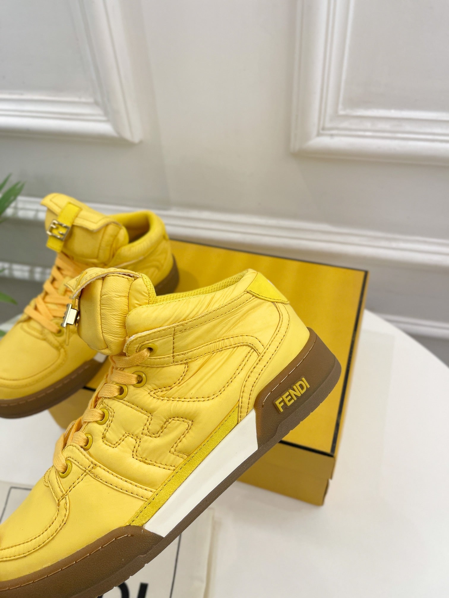 FENDI LOGO SOCK SNEAKER BOOTS IN CORN YELLOW LAMBSKIN