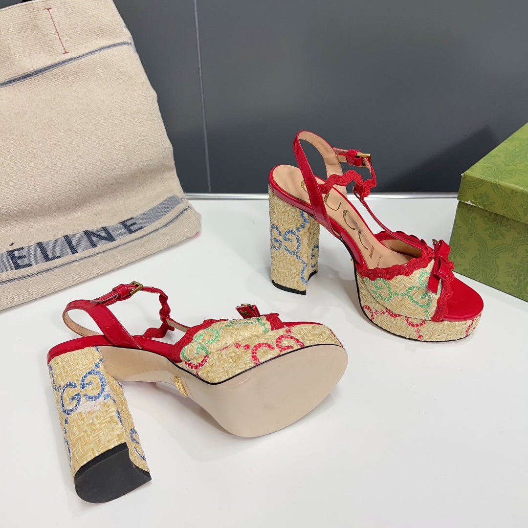 GG Platform Black Heel 105 Sandal Red Calfskin Beige Raffia