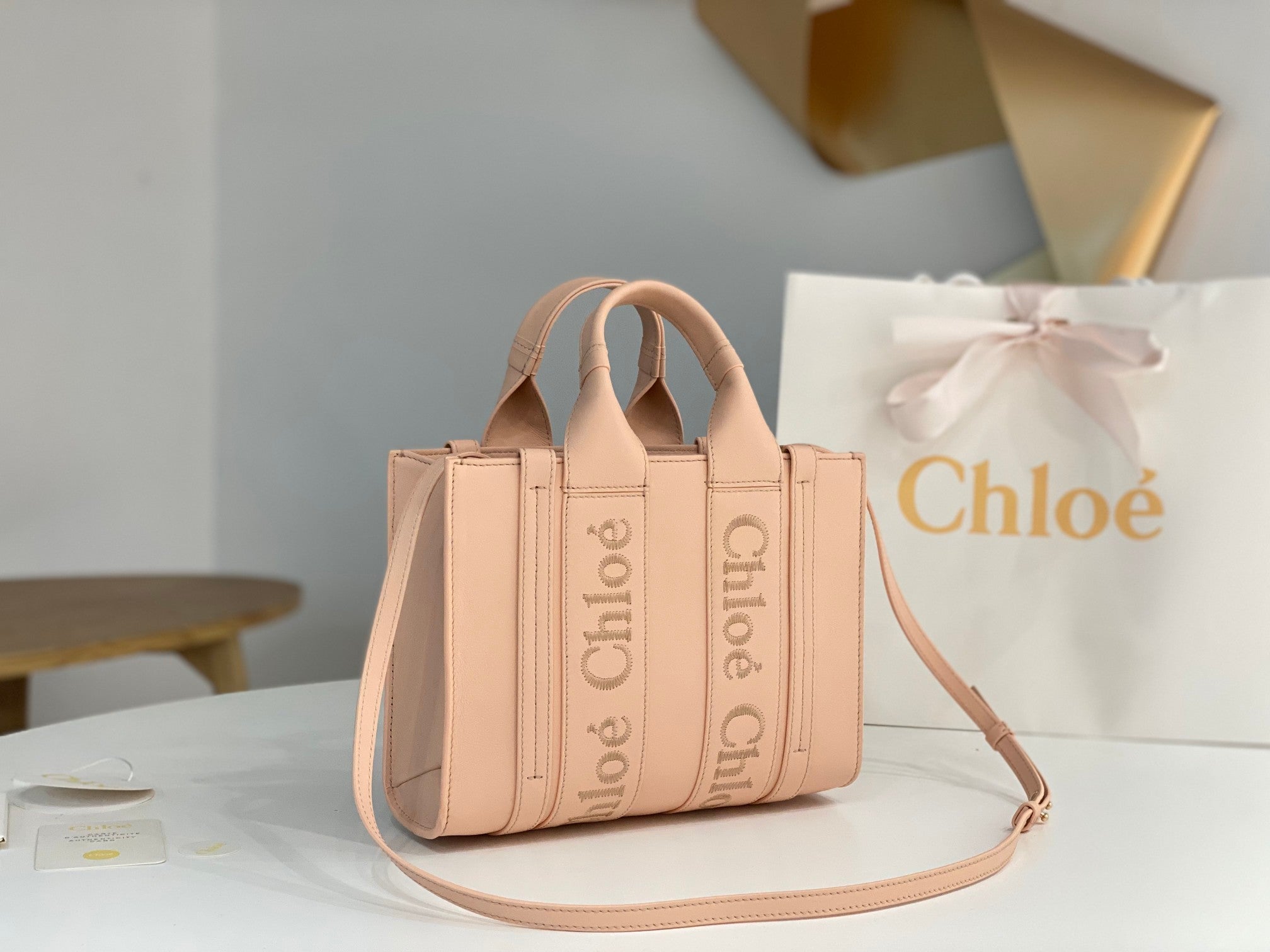Chloé Woody small tote bag pink calfskin