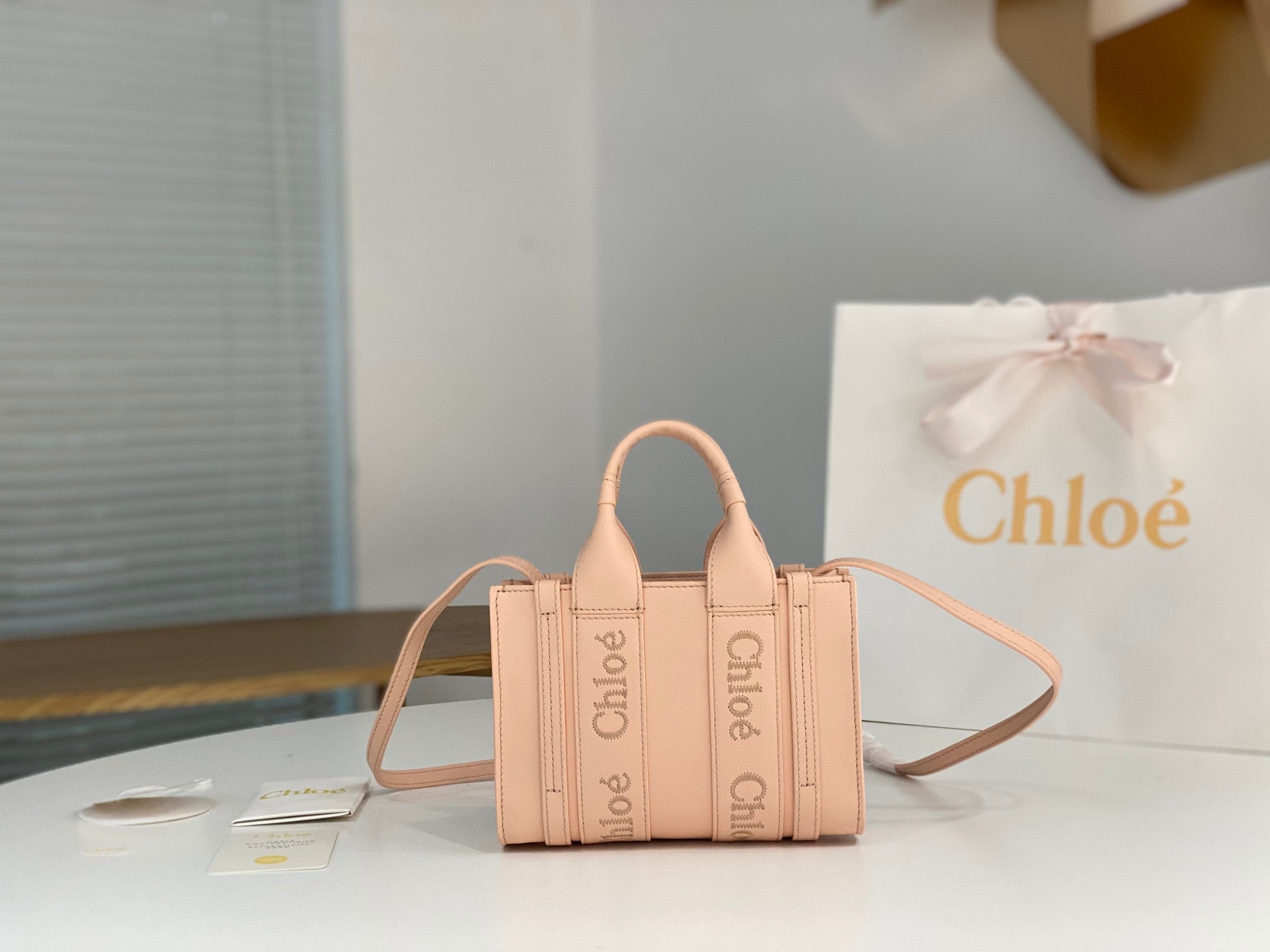Chloé Woody mini tote bag pink calfskin