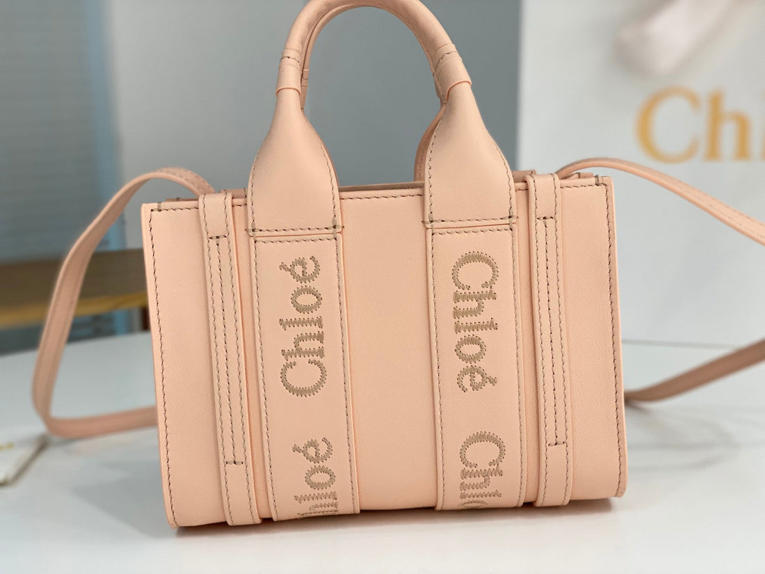 Chloé Woody mini tote bag pink calfskin