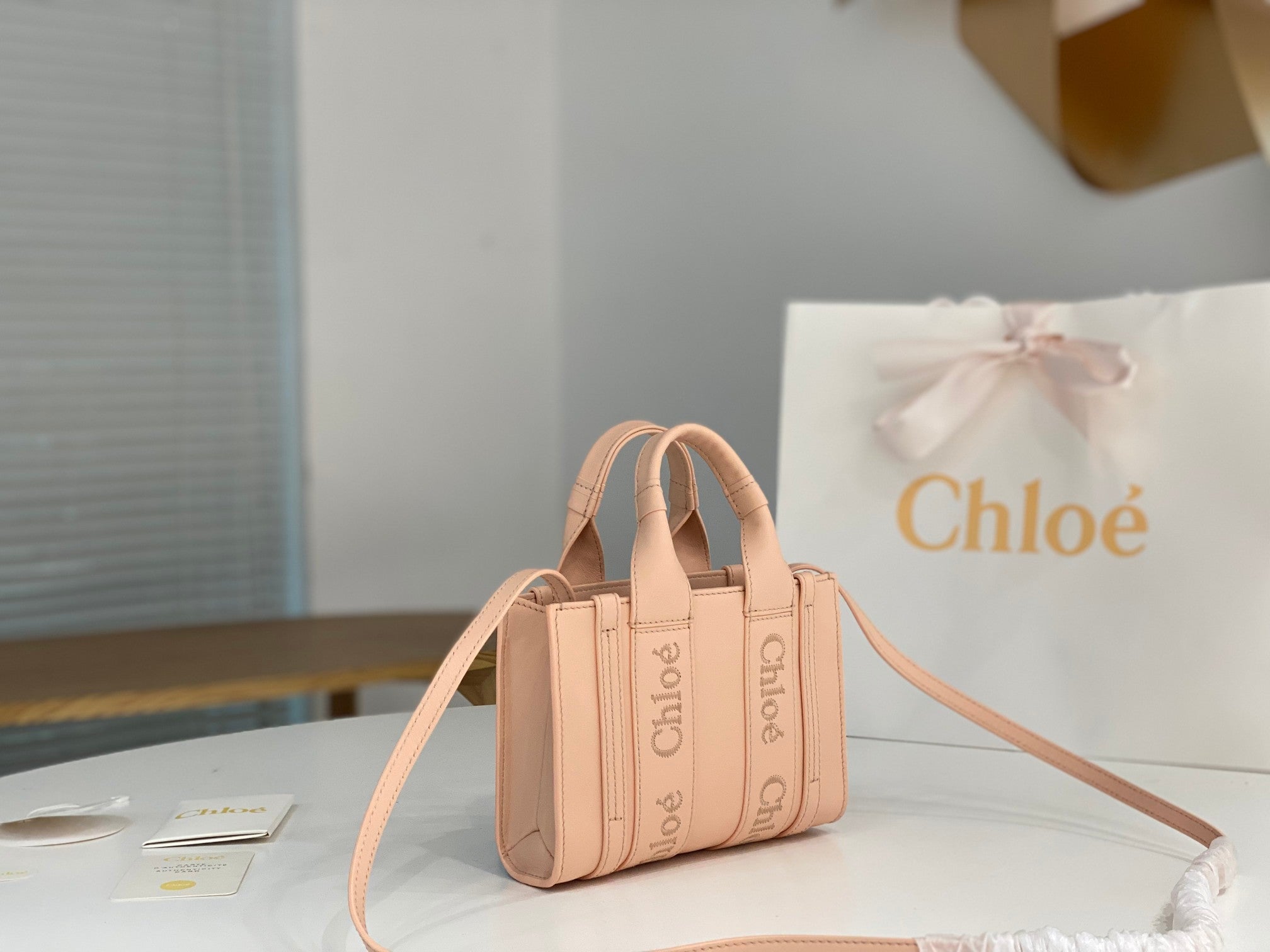 Chloé Woody mini tote bag pink calfskin