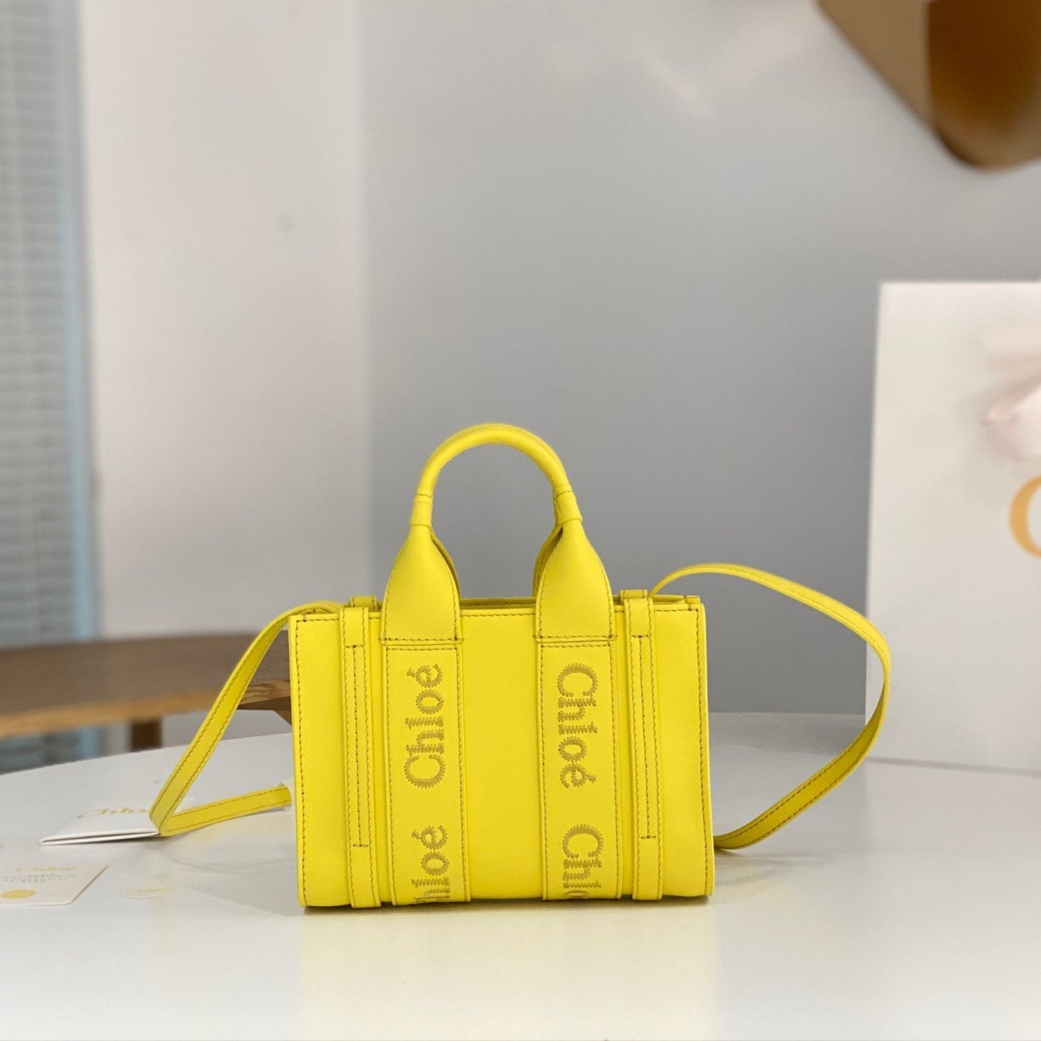 Chloé Woody mini tote bag yellow calfskin