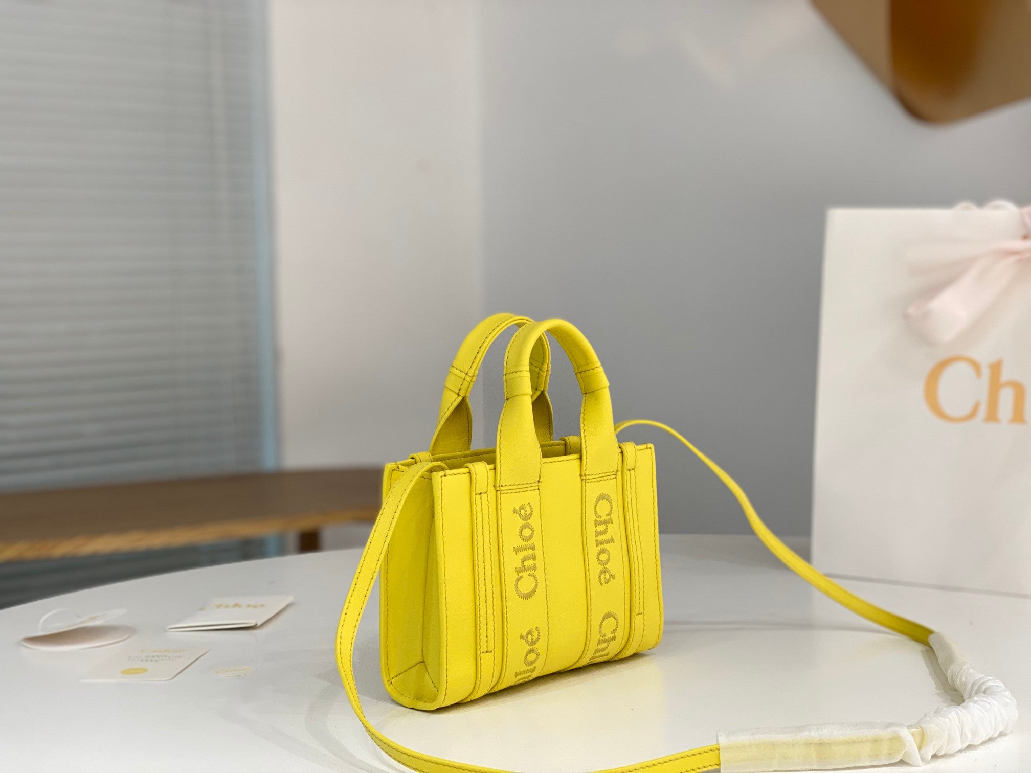Chloé Woody mini tote bag yellow calfskin