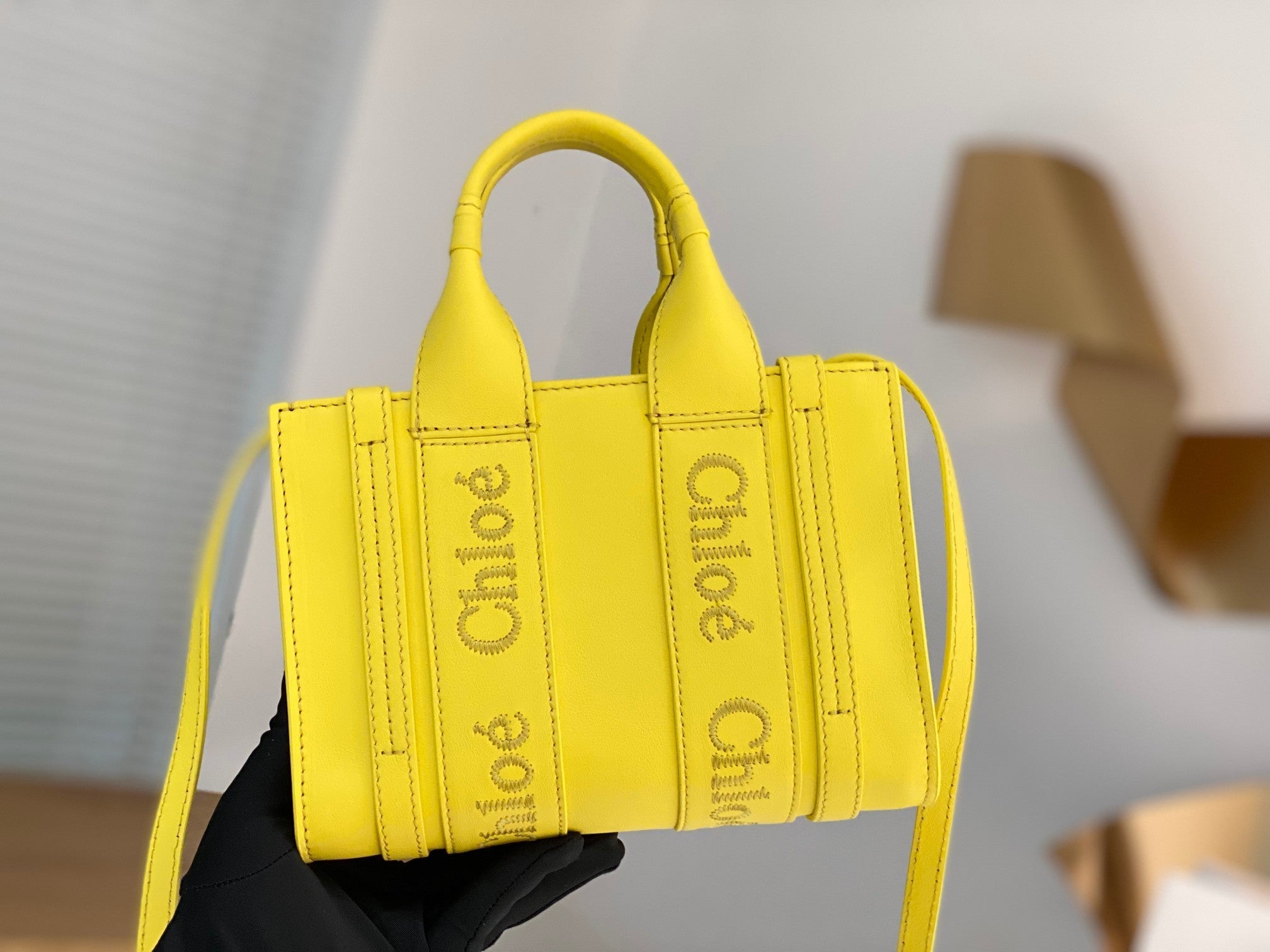 Chloé Woody mini tote bag yellow calfskin
