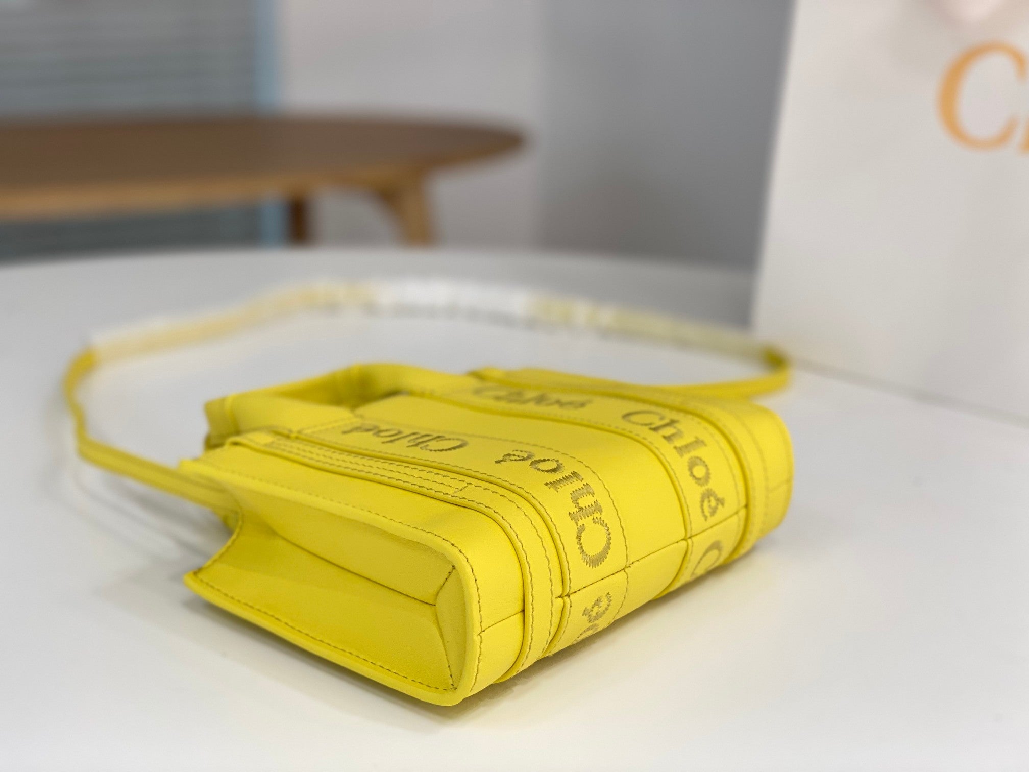 Chloé Woody mini tote bag yellow calfskin