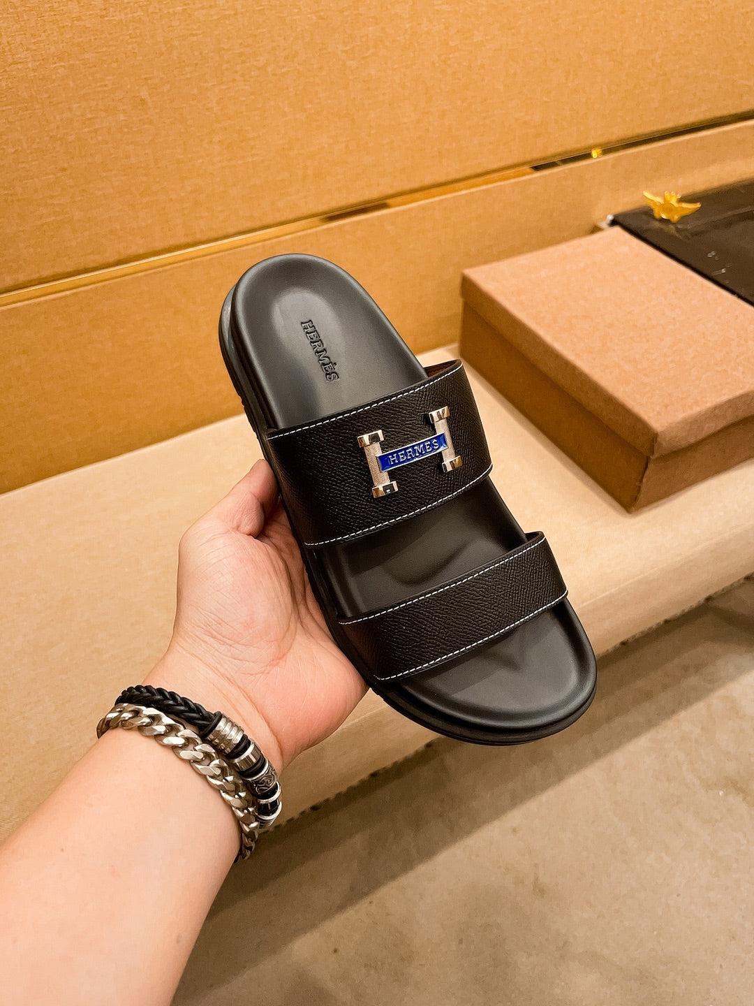 HM Men's Slide Black Cowhide 602328