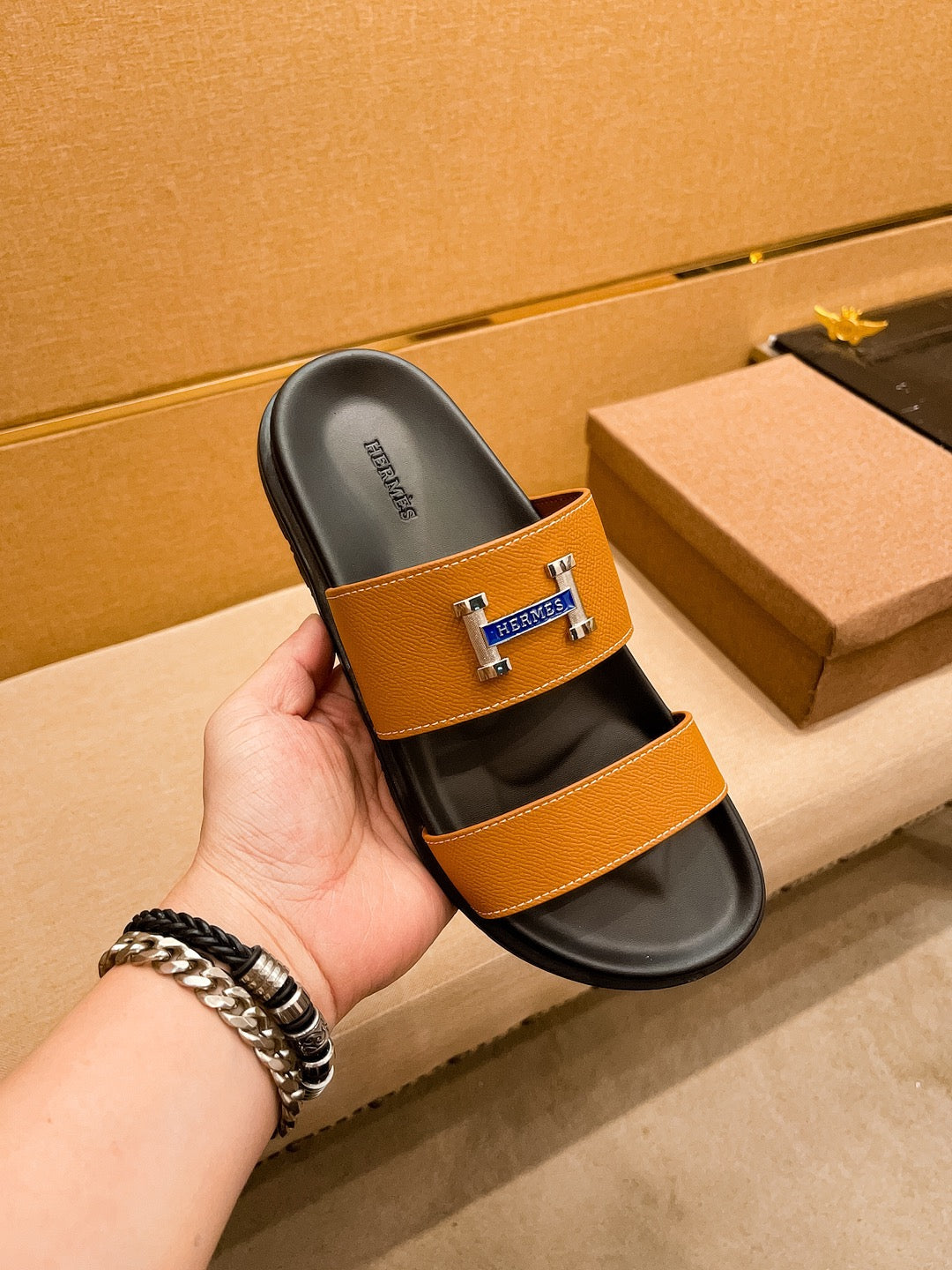 HM Men's Slide Orange Cowhide 602329