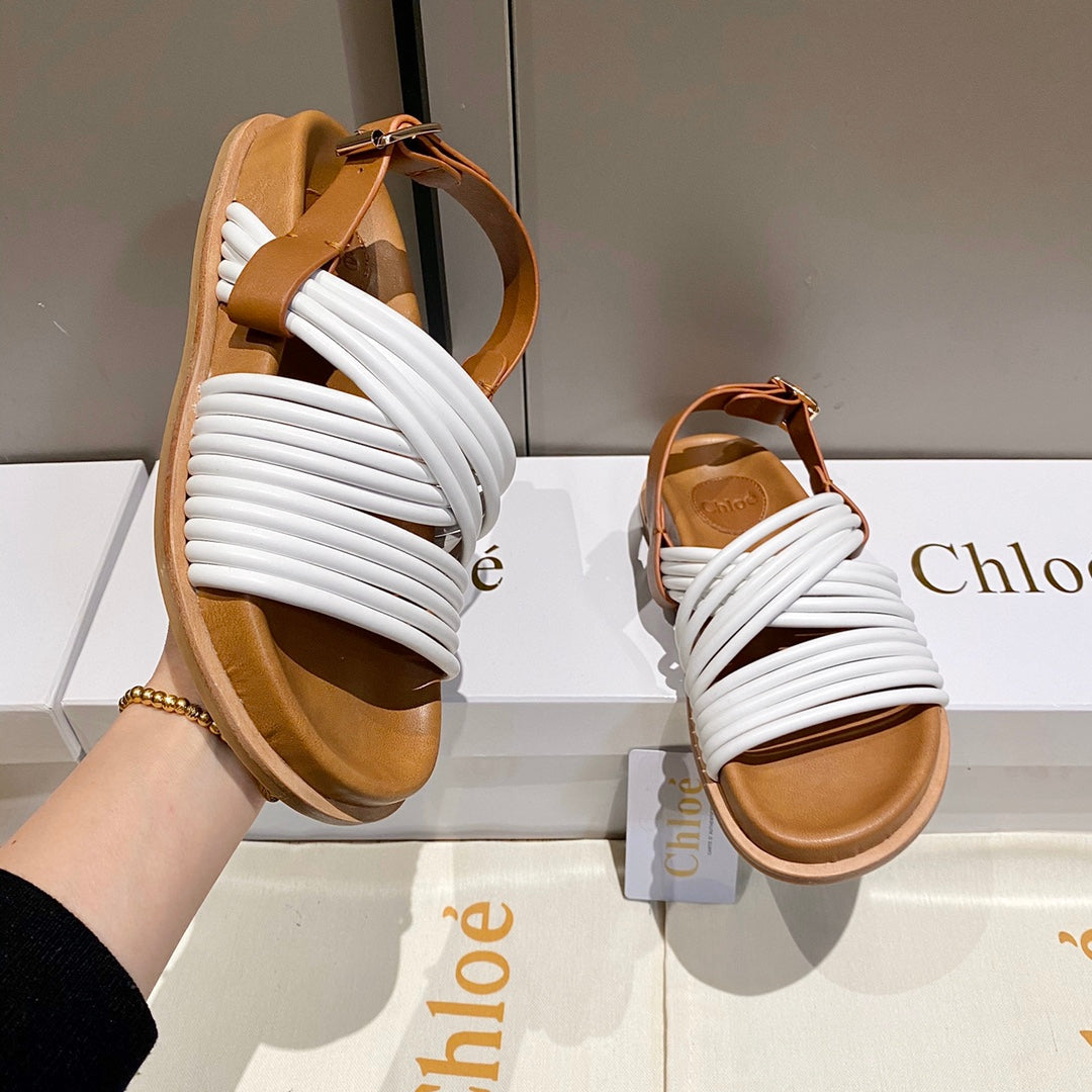 CHLOE CROSS STRAP SANDAL IN WHITE MIX BRONZE BROWN RUBBER WITH GOLD HARDWARE