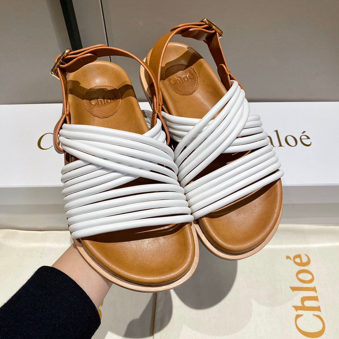 CHLOE CROSS STRAP SANDAL IN WHITE MIX BRONZE BROWN RUBBER WITH GOLD HARDWARE