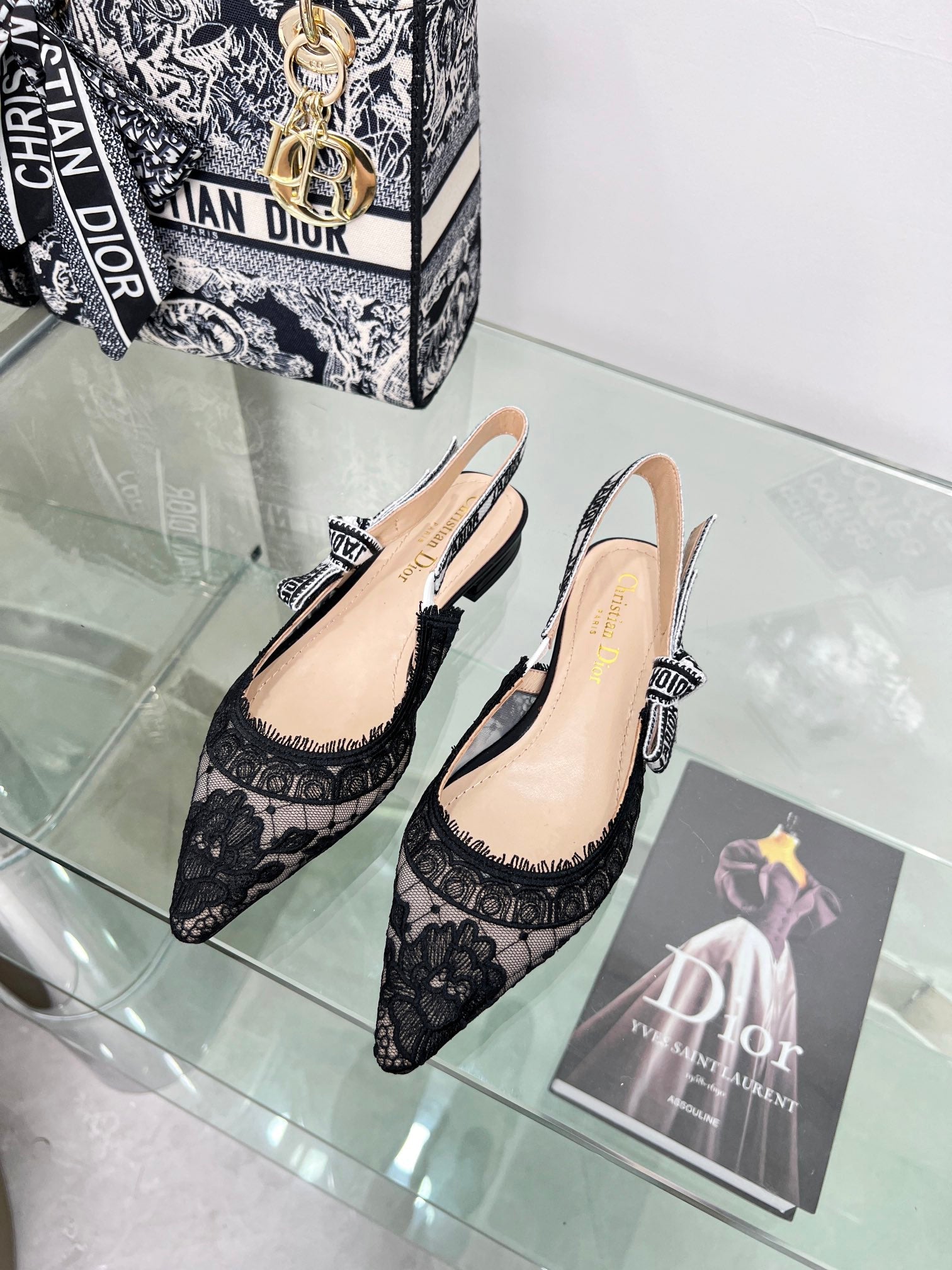 cd slingback flat transparent mesh embroidered black flower moitf