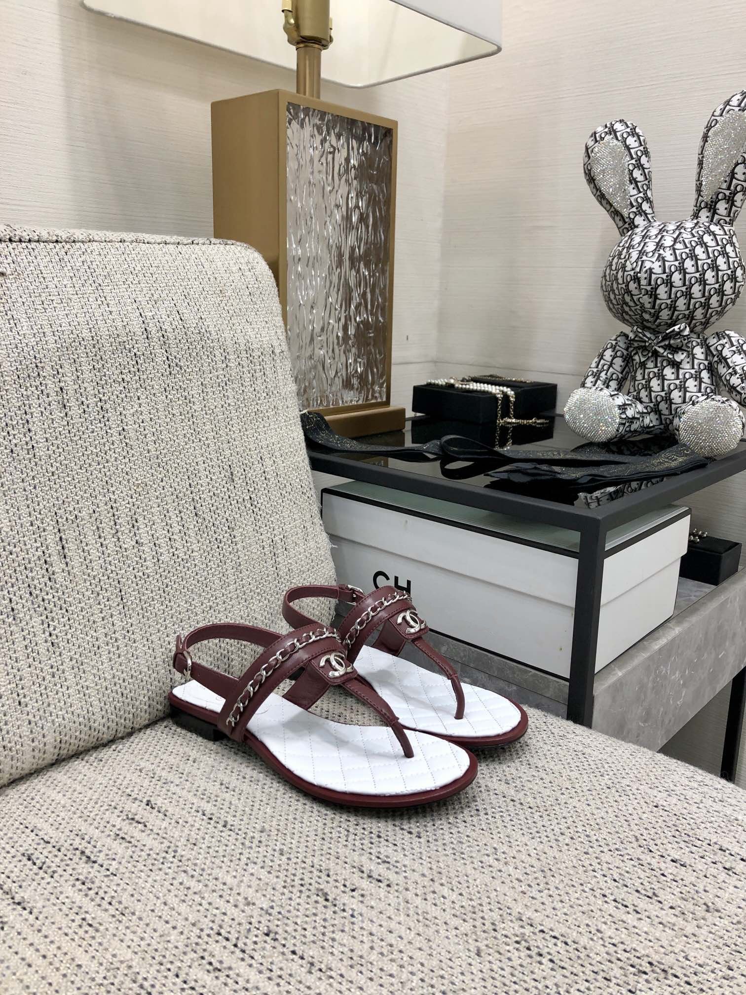 cc sandal burgundy white quilted lambskin