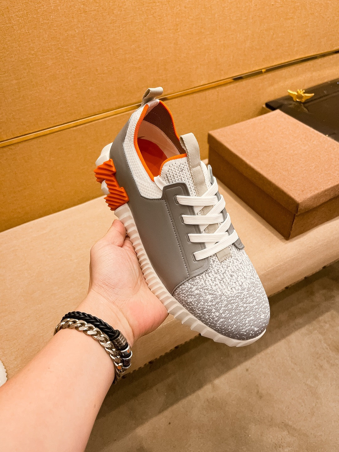 HM Men's Depart Slip-on Sneaker Grey Knit Cowhide 263682