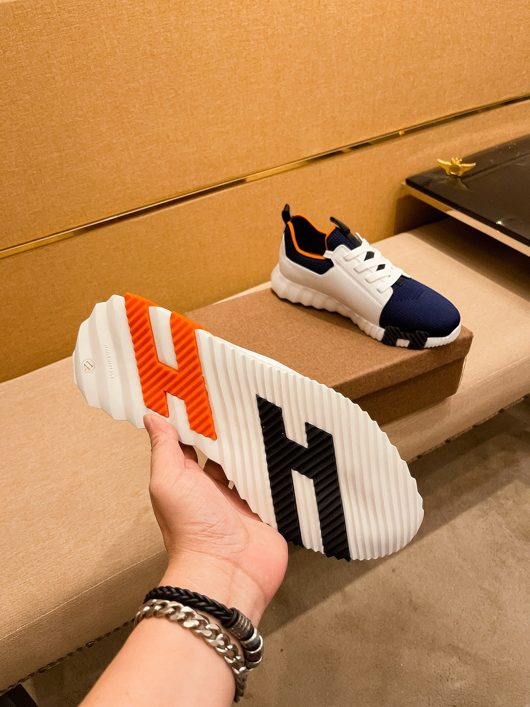 HM Men's Depart Slip-on Sneaker White Blue Knit Cowhide 263681