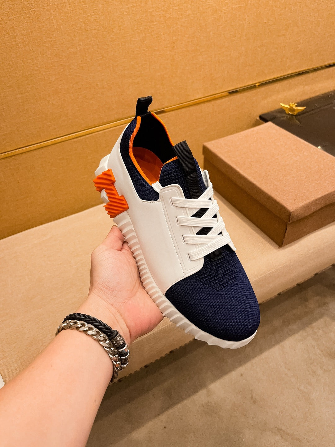 HM Men's Depart Slip-on Sneaker White Blue Knit Cowhide 263681