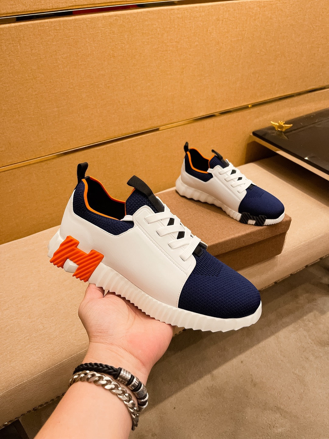 HM Men's Depart Slip-on Sneaker White Blue Knit Cowhide 263681