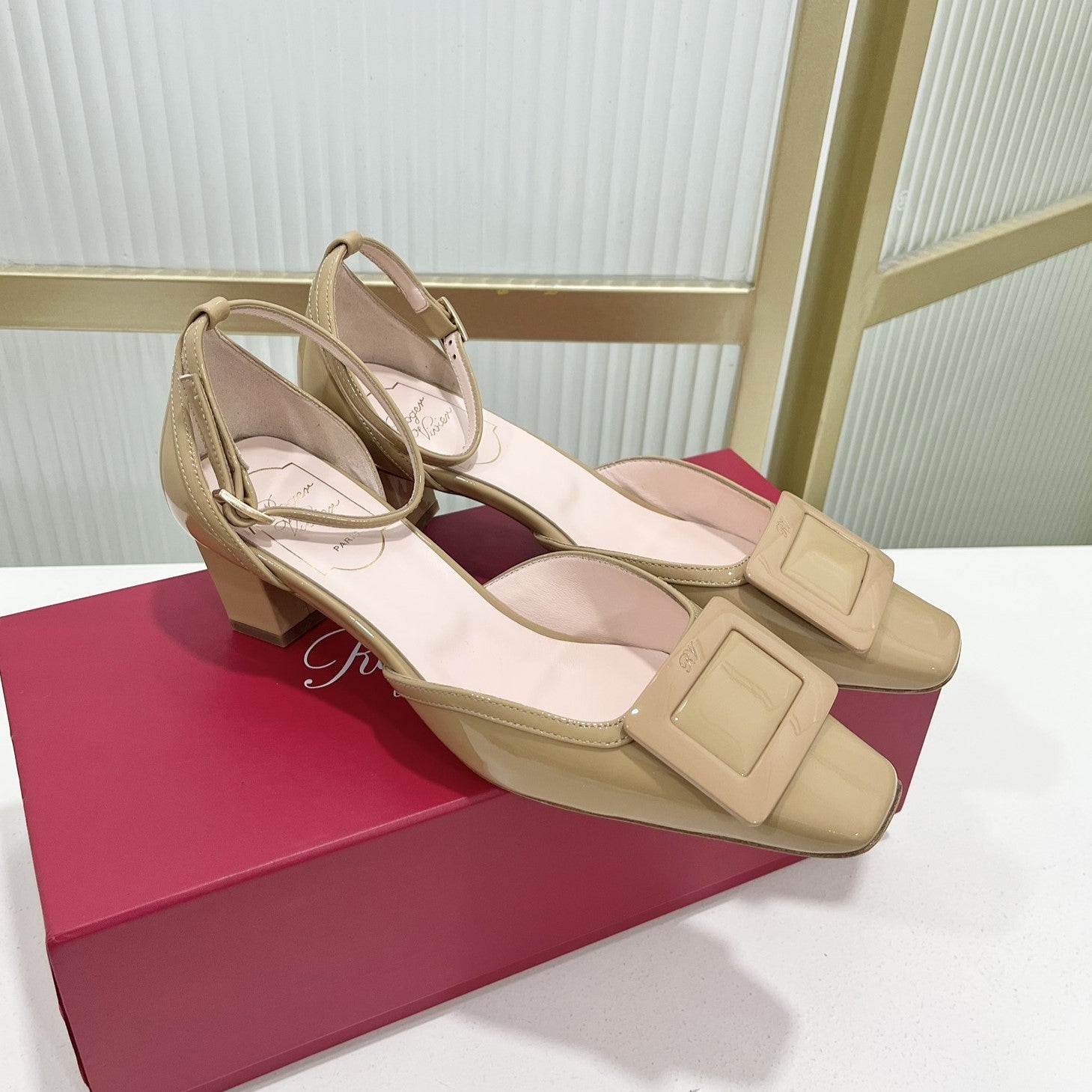 Trompette Metal Buckle Slingback Pump 45 Camel Patent Leather