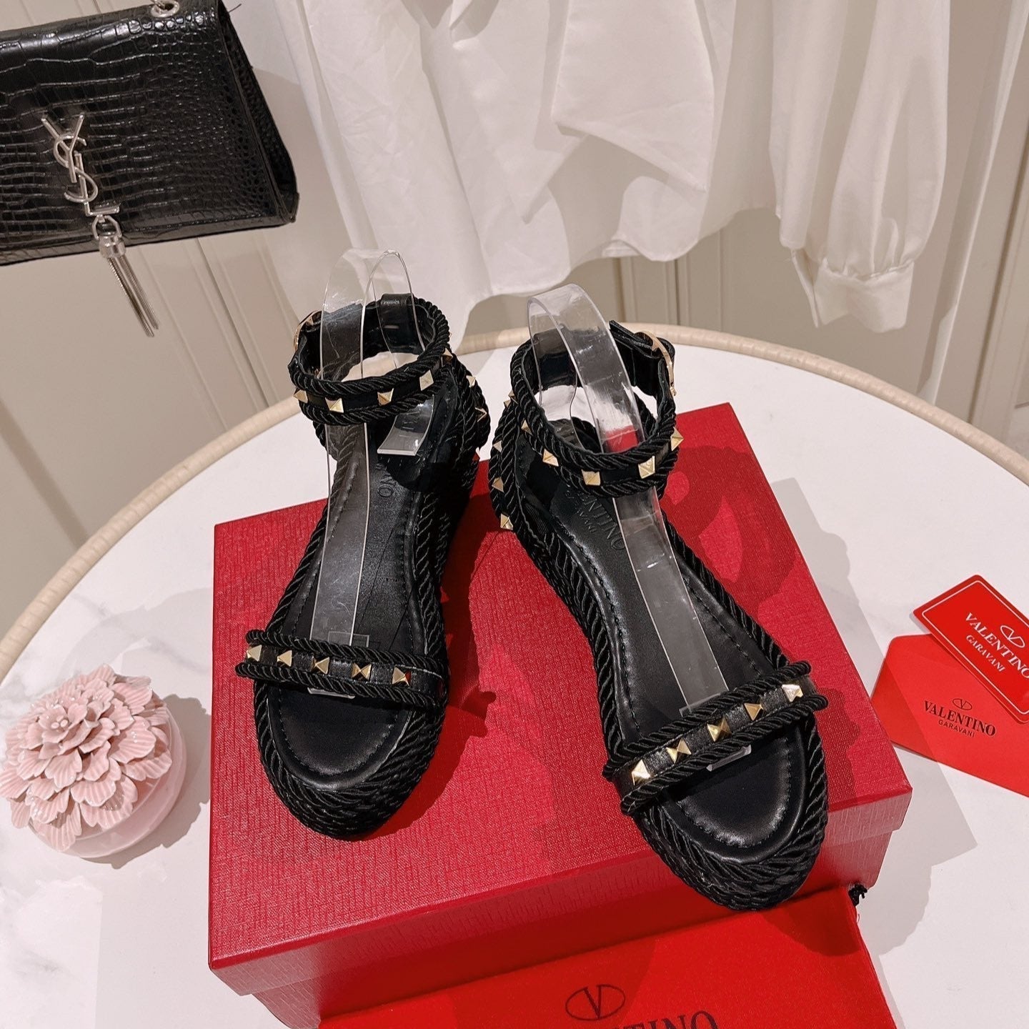 VT Rockstud Platform Sandals 65mm Black Espadrilles Calfskin 521309