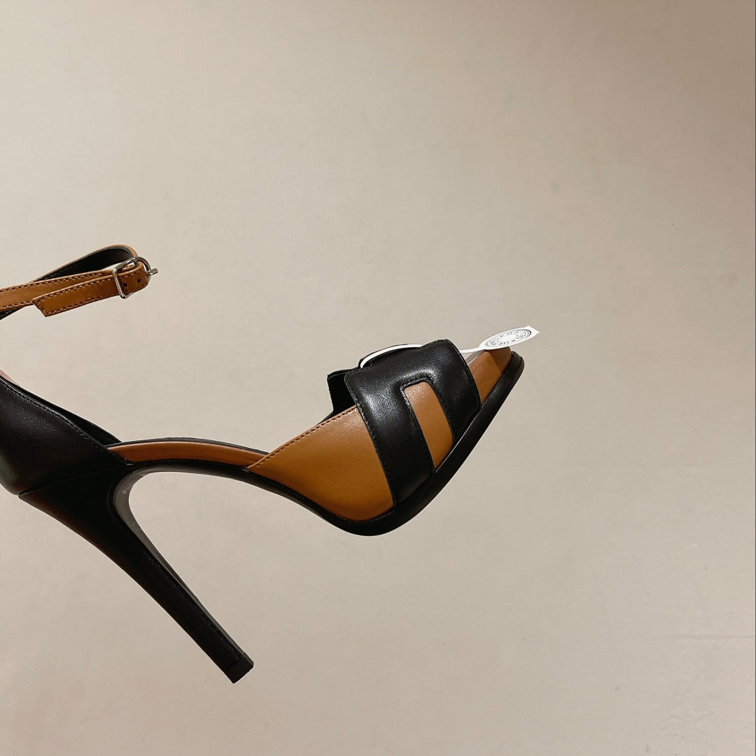 H - CLASSIC SANDAL 125 BLACK MIX CARAMEL LAMBSKIN