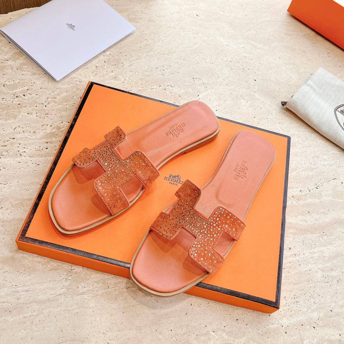 HM 25 Oran Sandal Orange Calfskin Crystal Embellished