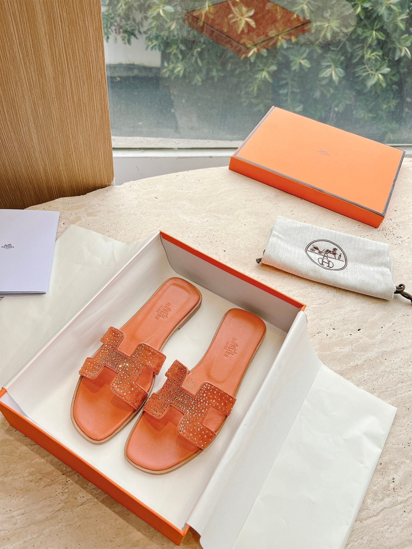 HM 25 Oran Sandal Orange Calfskin Crystal Embellished