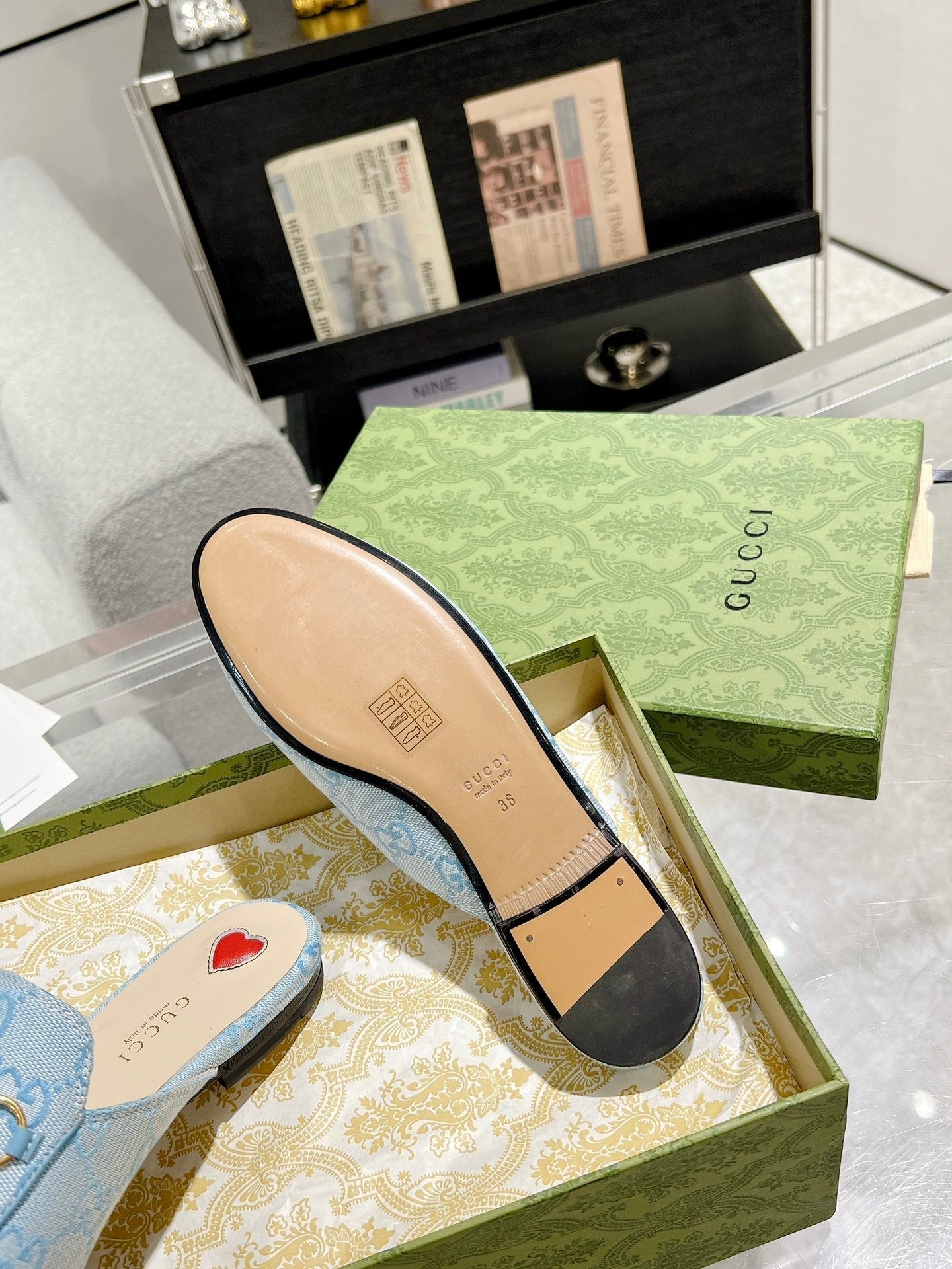 MEN'S MULE WITH HORSEBIT IN LIGHT BLUE MONOGRAM JACQUARD FABRIC