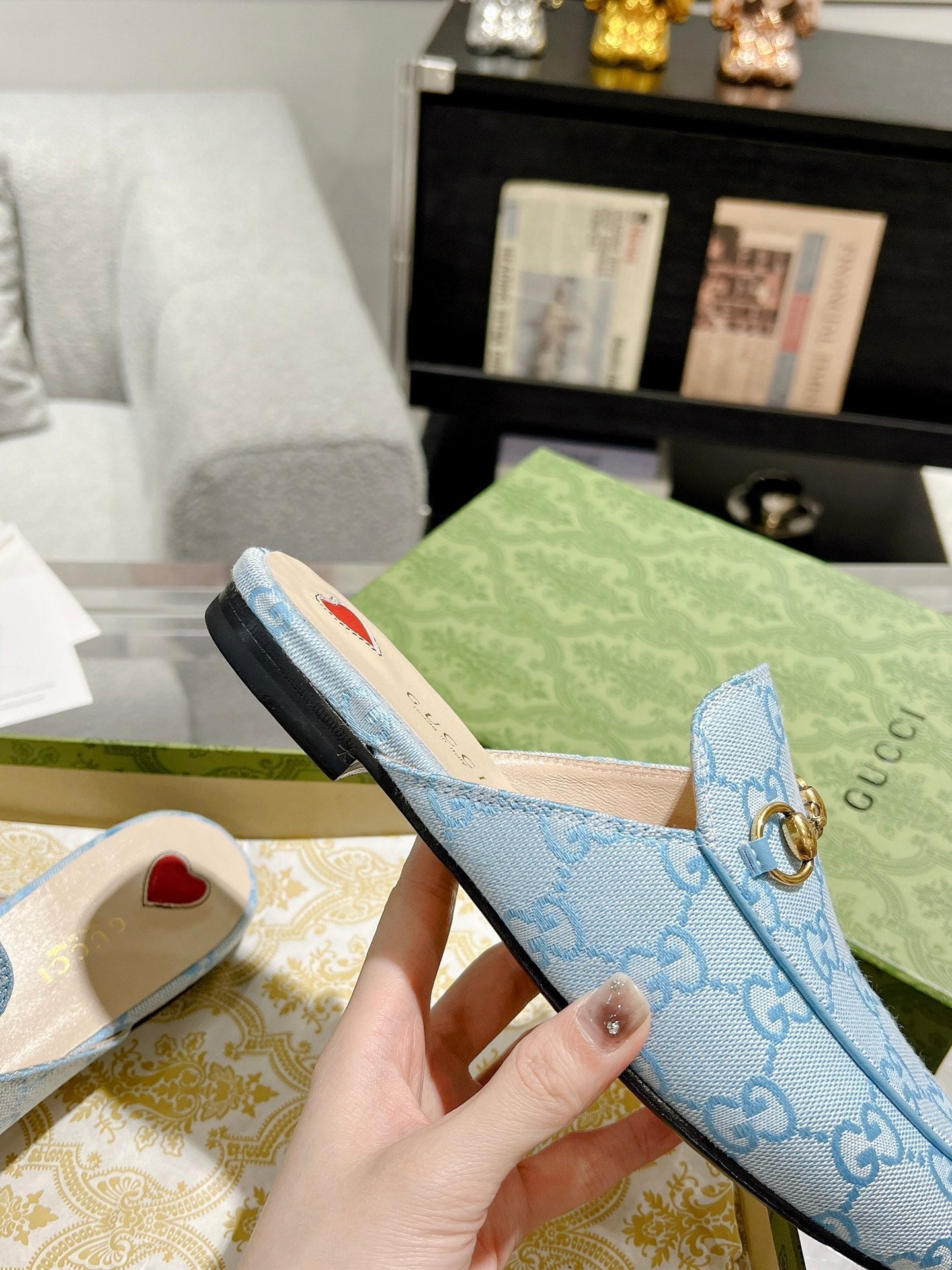 MEN'S MULE WITH HORSEBIT IN LIGHT BLUE MONOGRAM JACQUARD FABRIC