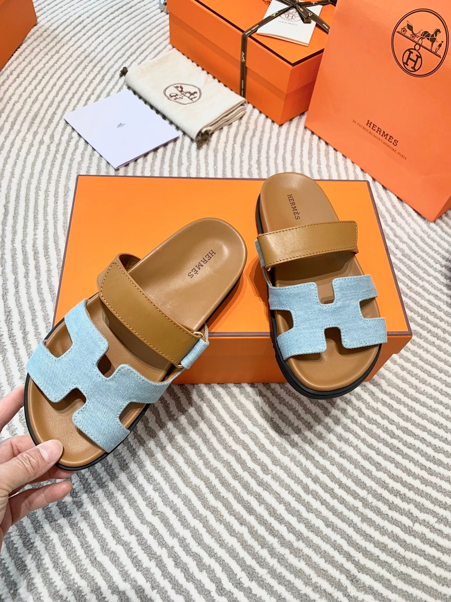 HM Chypre Sandal Cloud Blue Mix Light Brown Lambskin And Denim  963242
