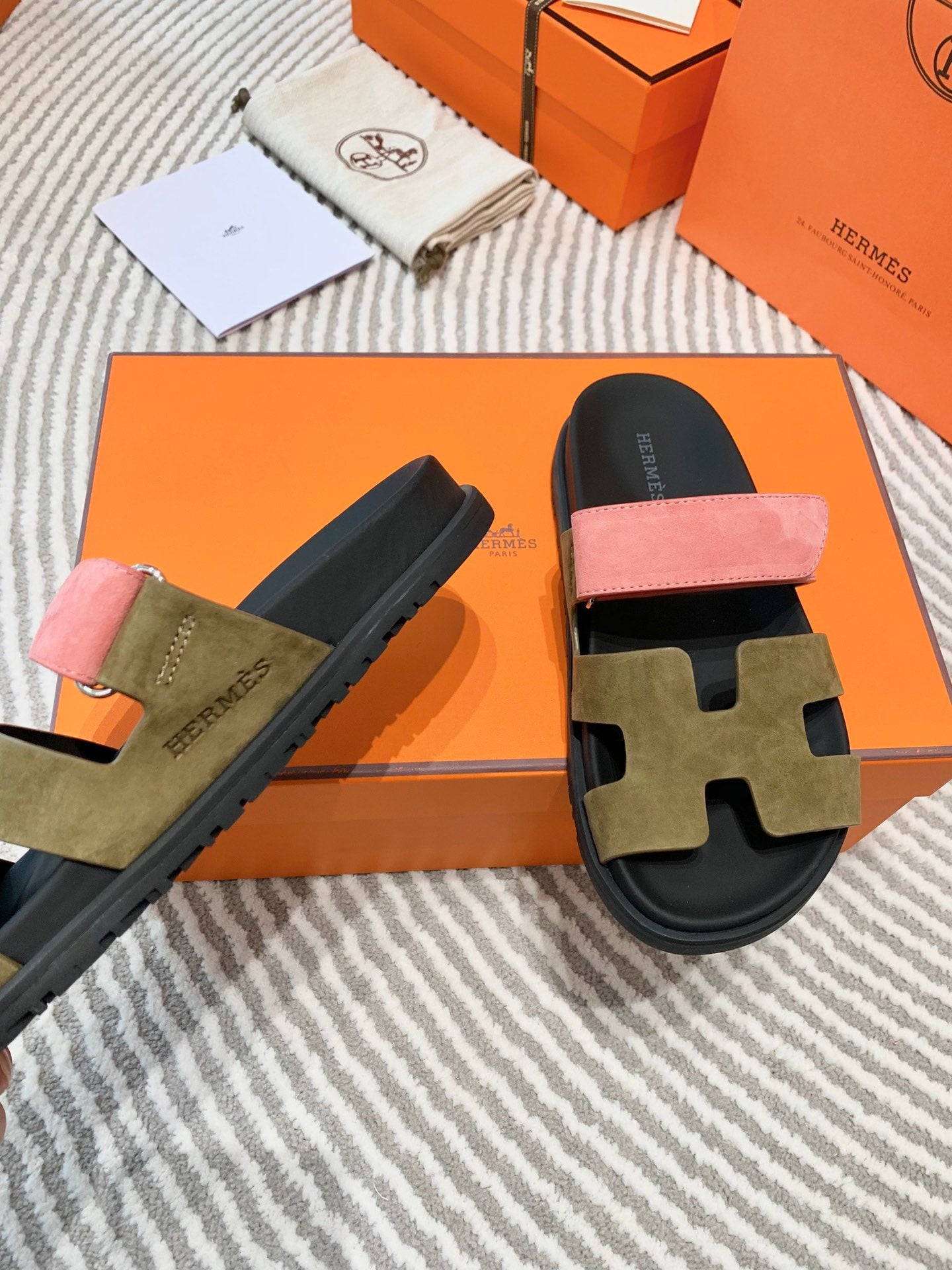 HM Chypre Sandal Moss Green Brown Mix Coral Pink Suede 963244