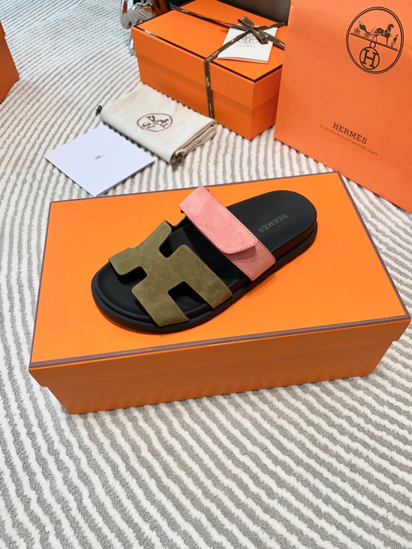 HM Chypre Sandal Moss Green Brown Mix Coral Pink Suede 963244