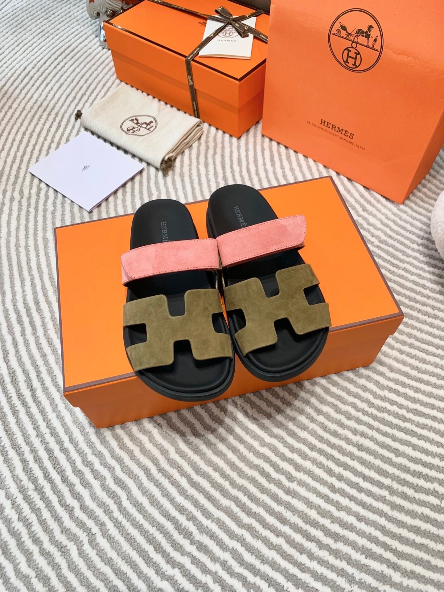 HM Chypre Sandal Moss Green Brown Mix Coral Pink Suede 963244