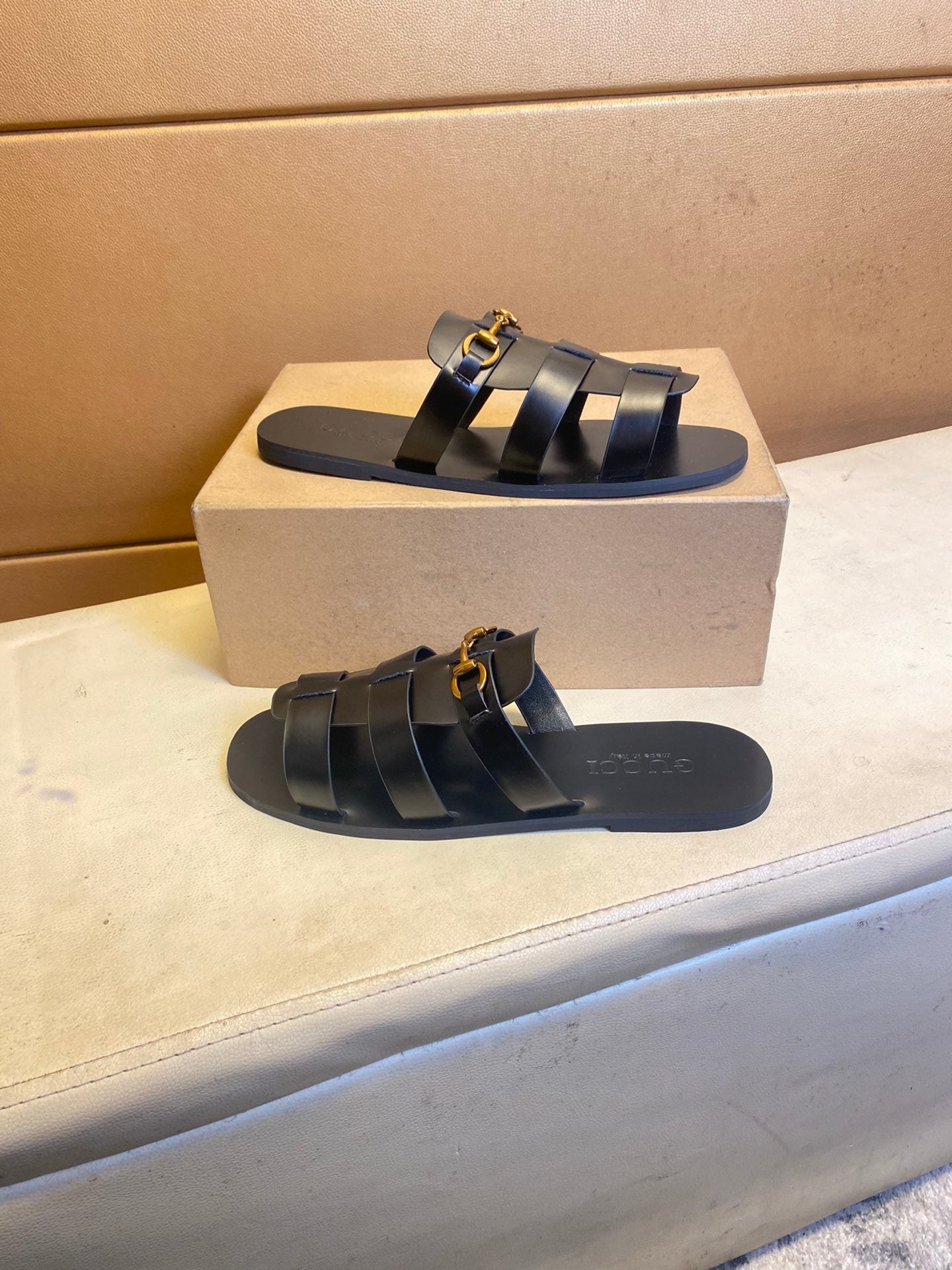 GG Men's Sandals Slide Black Green Cowhide