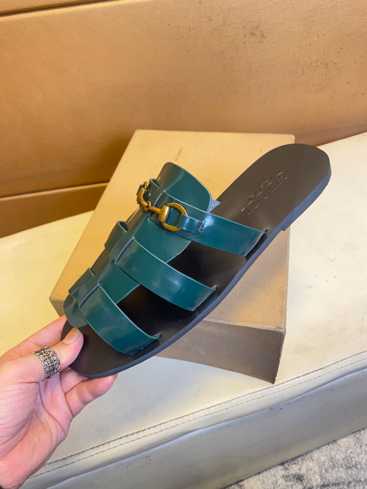 GG Men's Sandals Slide Black Green Cowhide