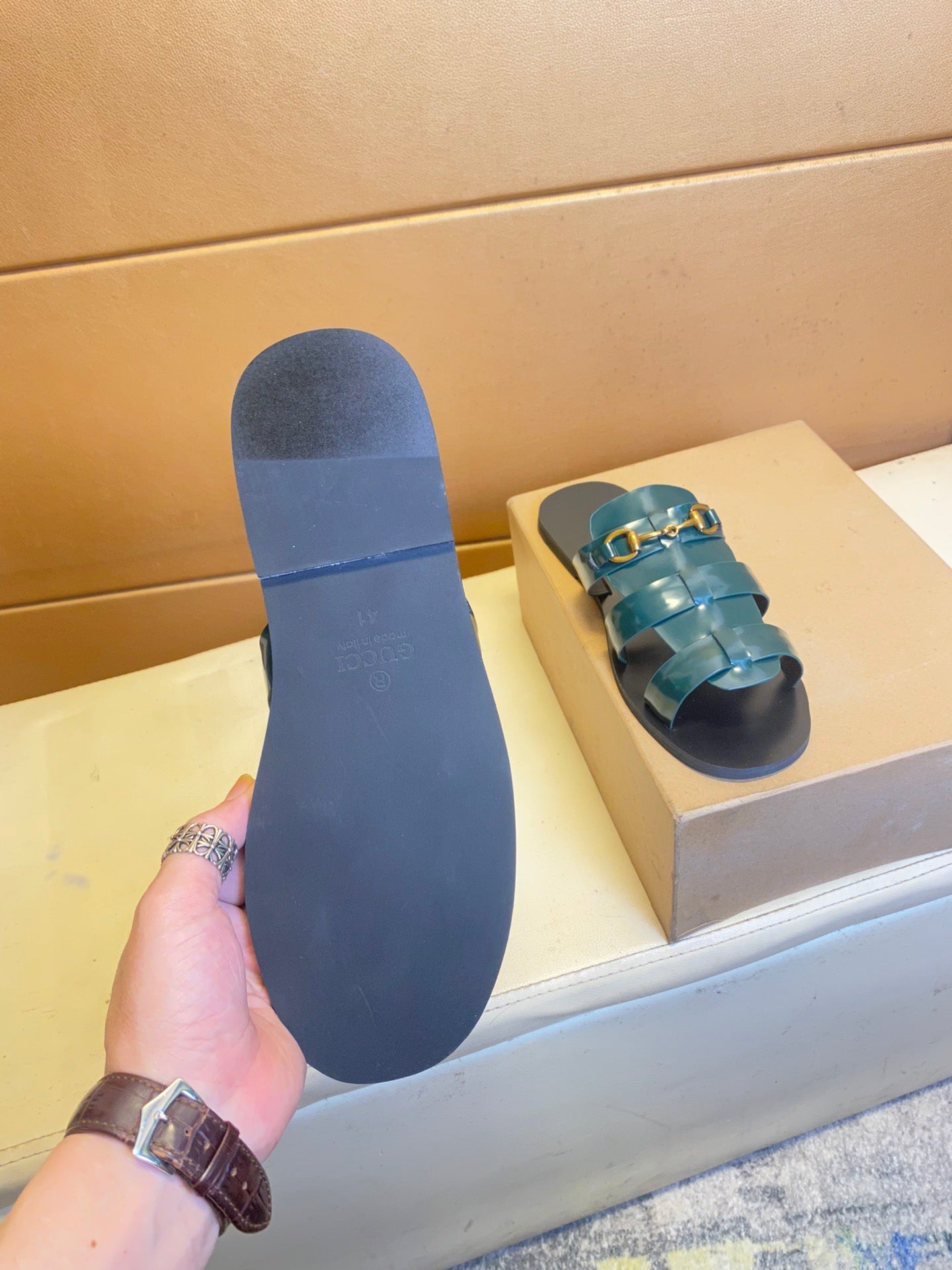 GG Men's Sandals Slide Black Green Cowhide