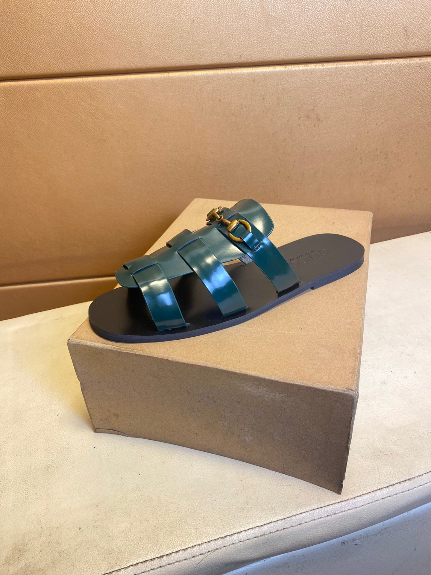 GG Men's Sandals Slide Black Green Cowhide