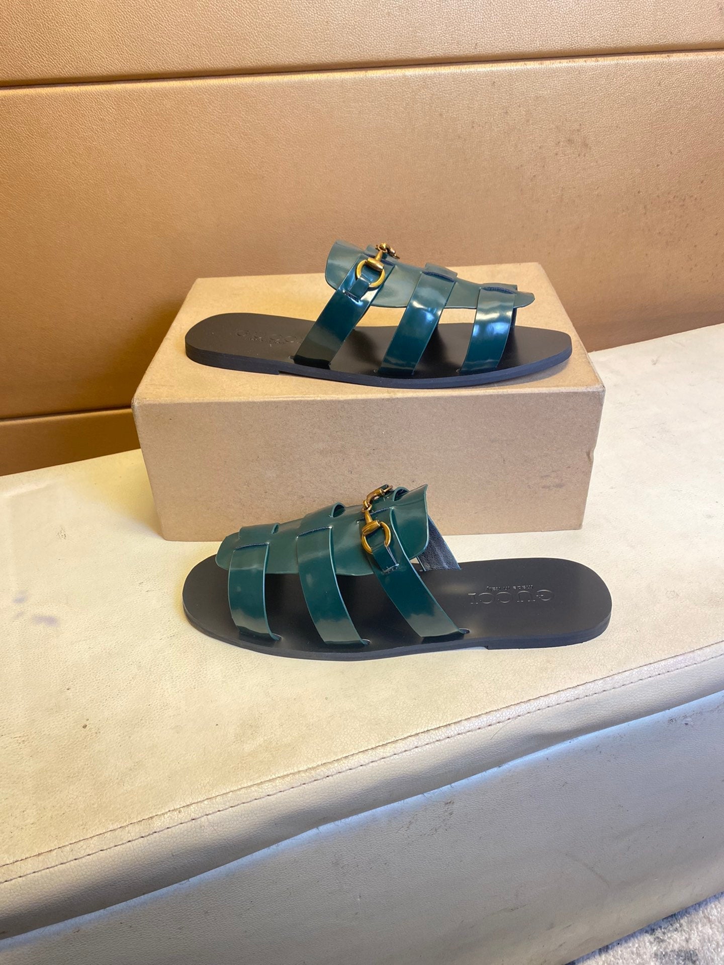 GG Men's Sandals Slide Black Green Cowhide