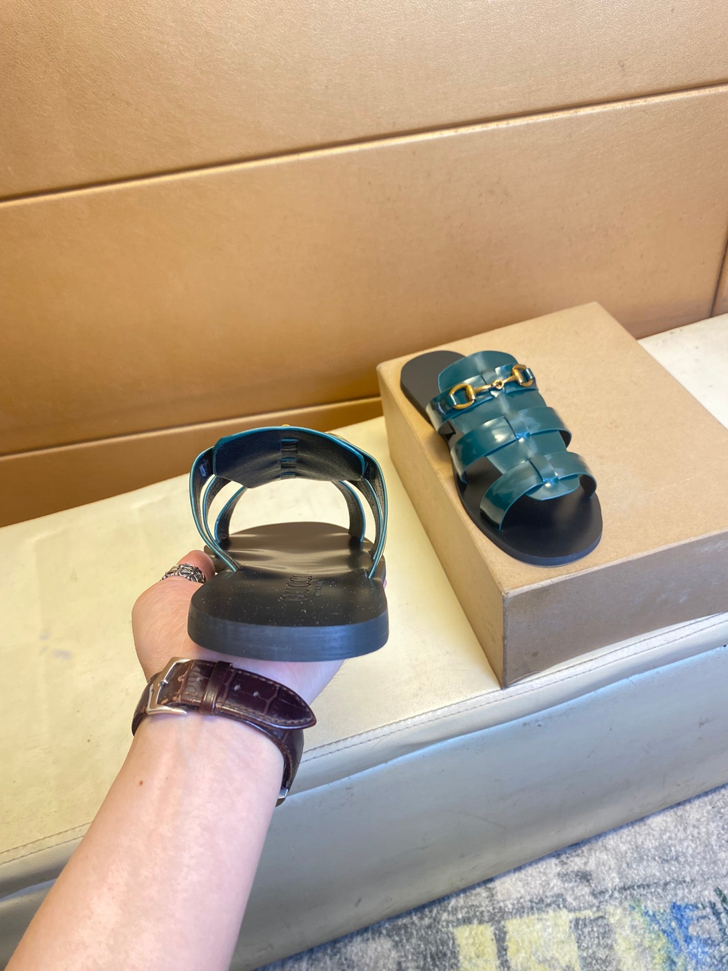 GG Men's Sandals Slide Black Green Cowhide