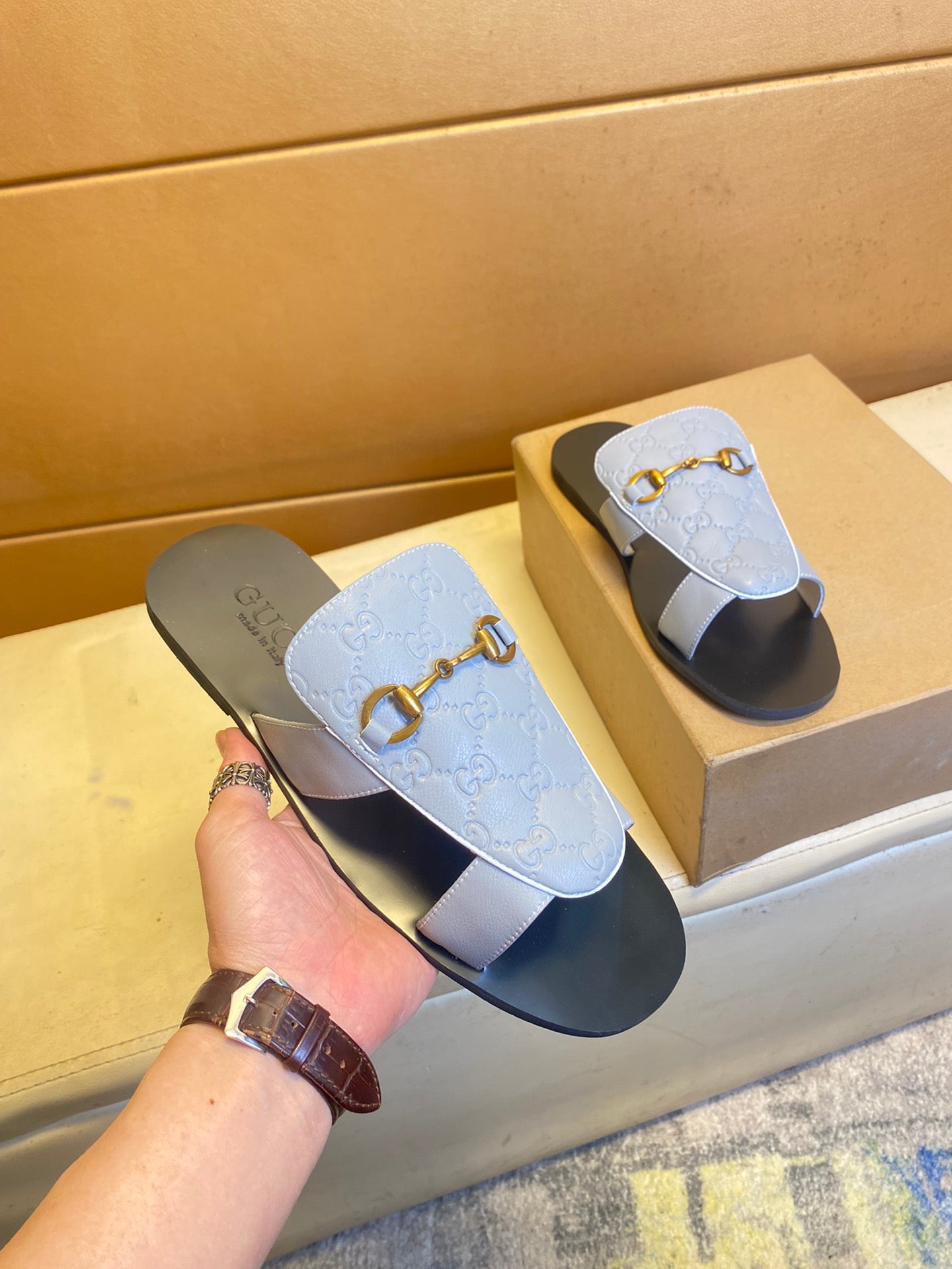 GG Men's Sandals Slide Multicolor Cowhide 724700