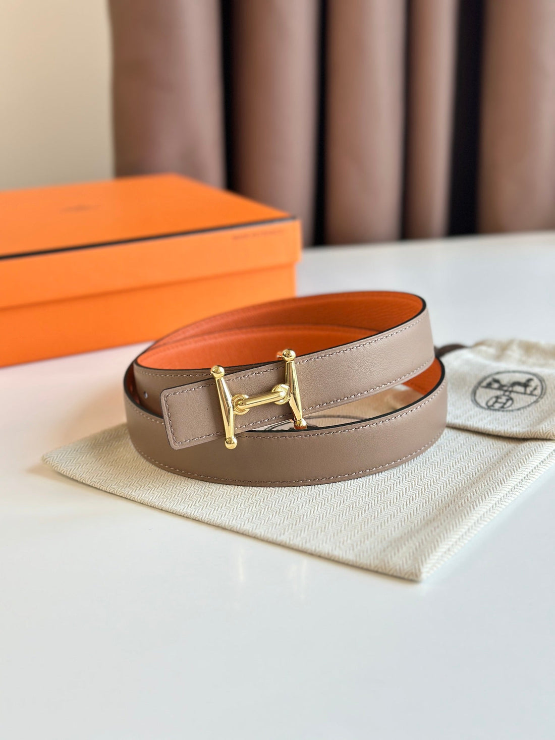 HM Gold Mors H buckle & Reversible 24 mm belt Orange Beige Leather 125355