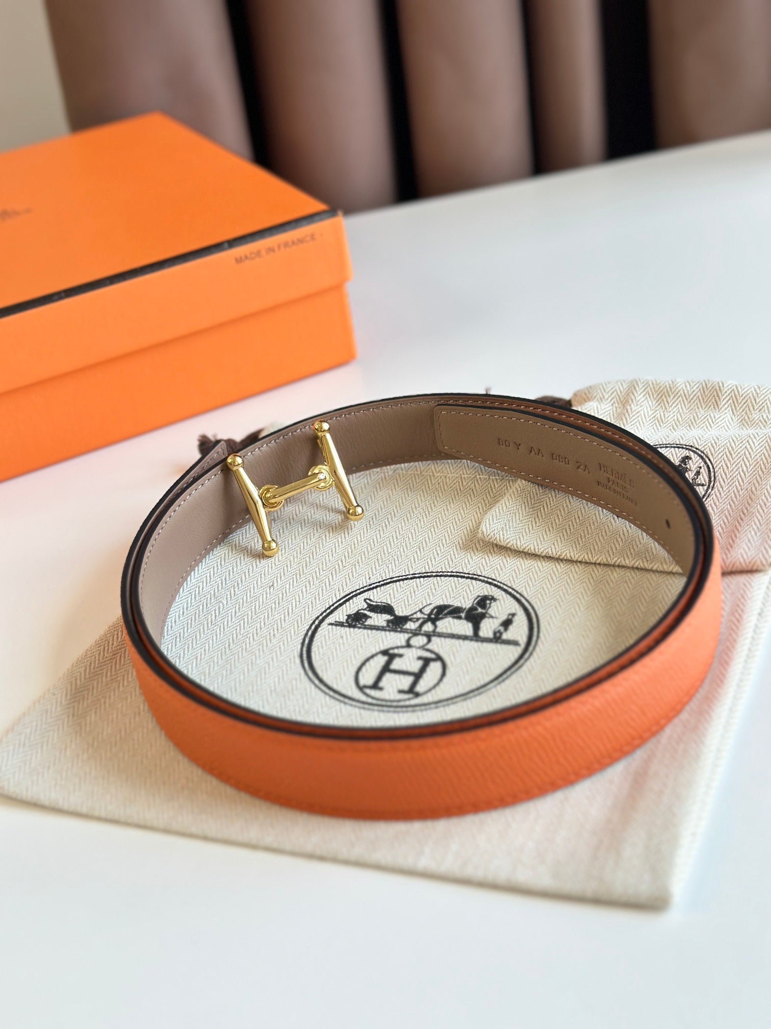 HM Gold Mors H buckle & Reversible 24 mm belt Orange Beige Leather 125355