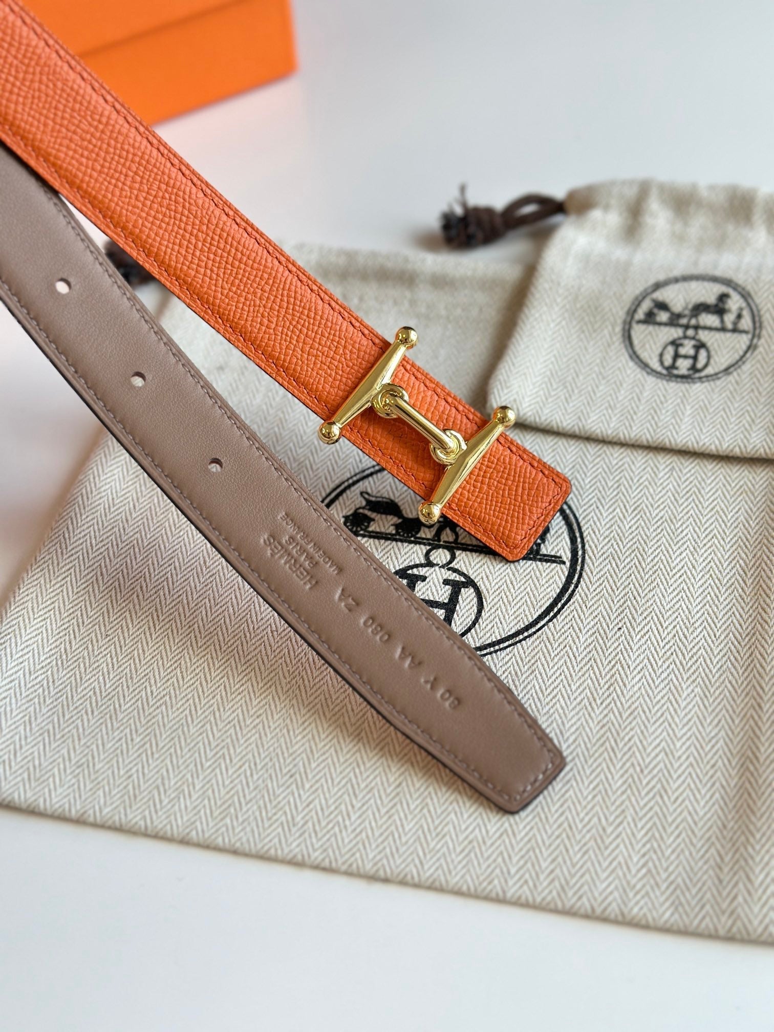 HM Gold Mors H buckle & Reversible 24 mm belt Orange Beige Leather 125355