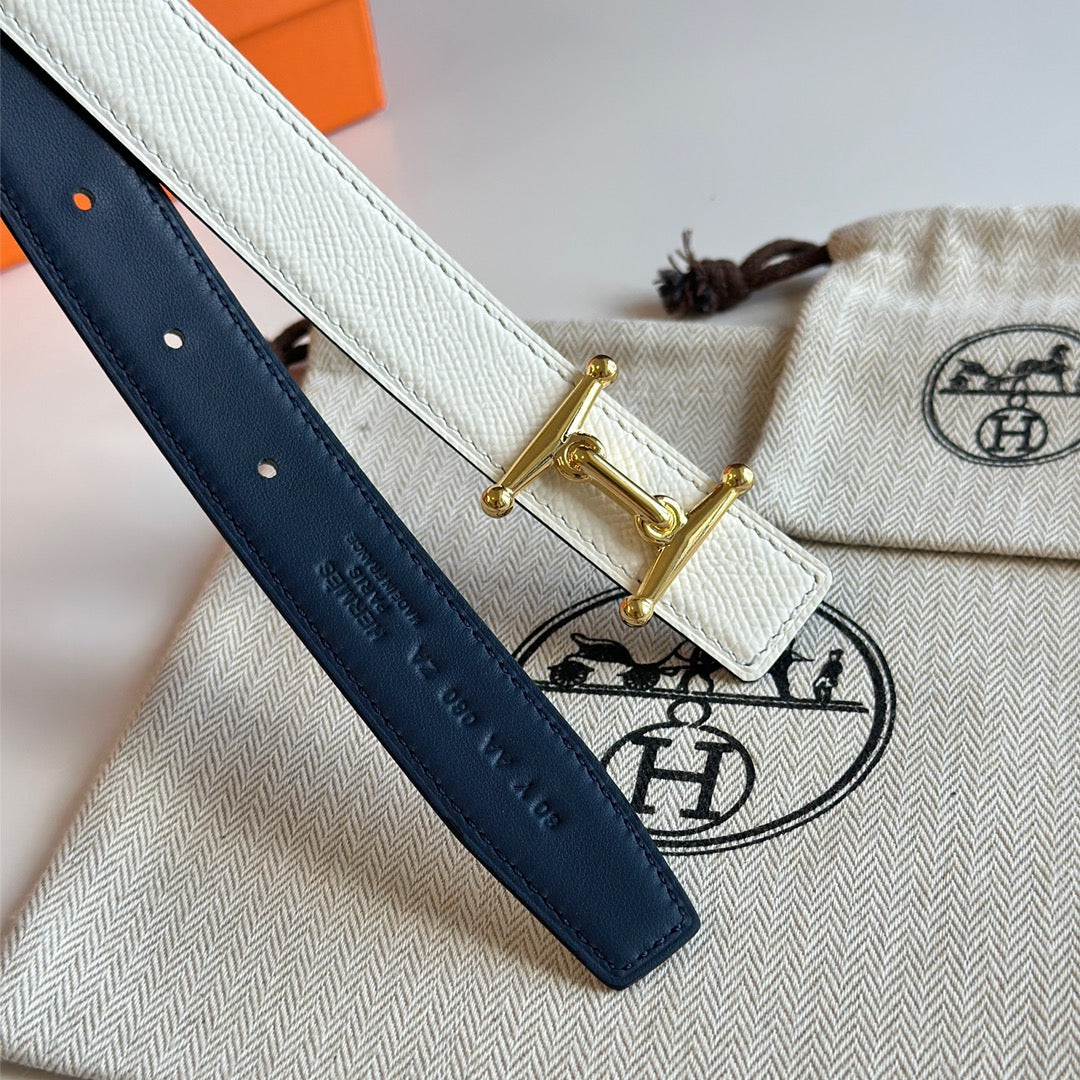 HM Gold Mors H buckle & Reversible 24 mm belt Blue Beige leather 125365