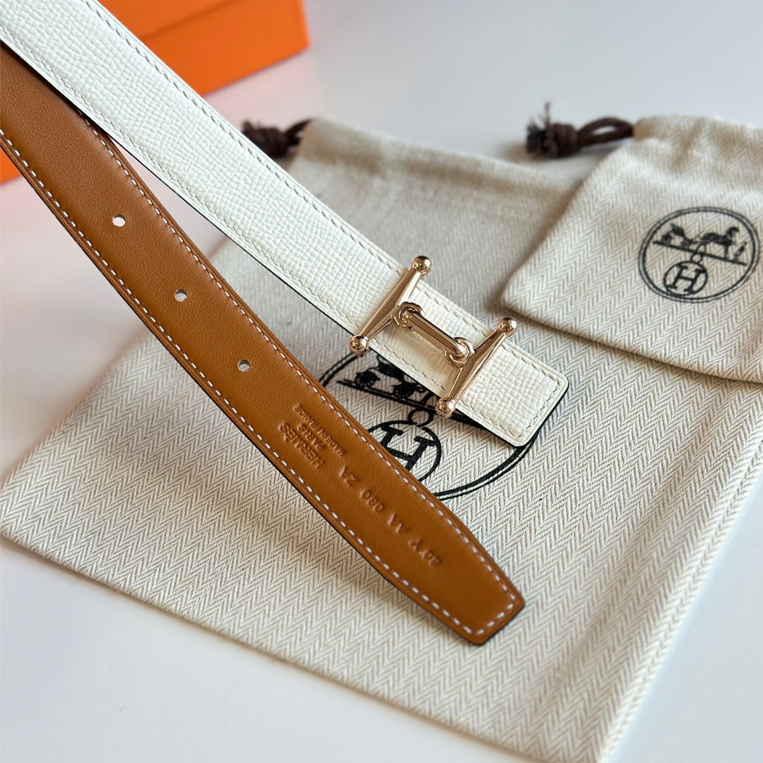 HM Pink Gold Mors H buckle & Reversible 24 mm belt Brown White leather 125363