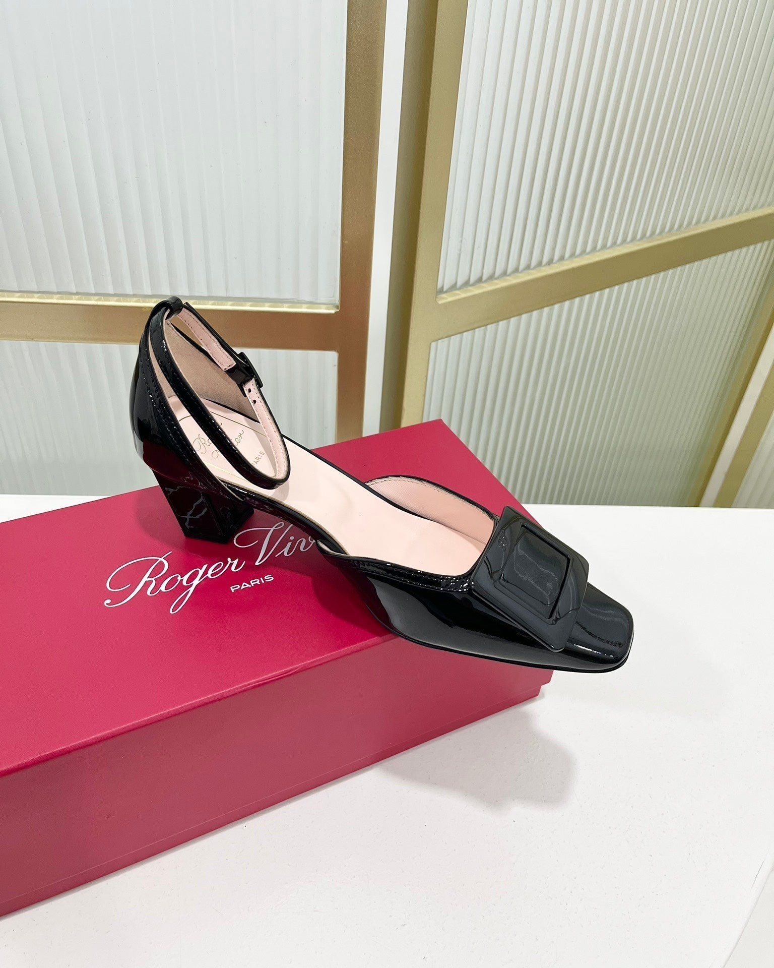 Trompette Metal Buckle Slingback Pump 45 Black Patent Leather