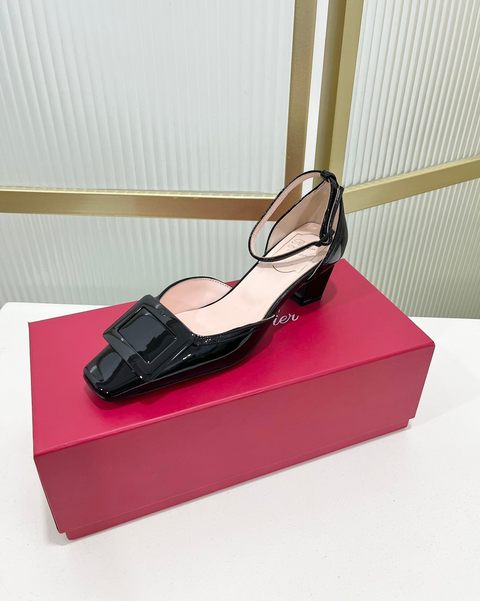 Trompette Metal Buckle Slingback Pump 45 Black Patent Leather
