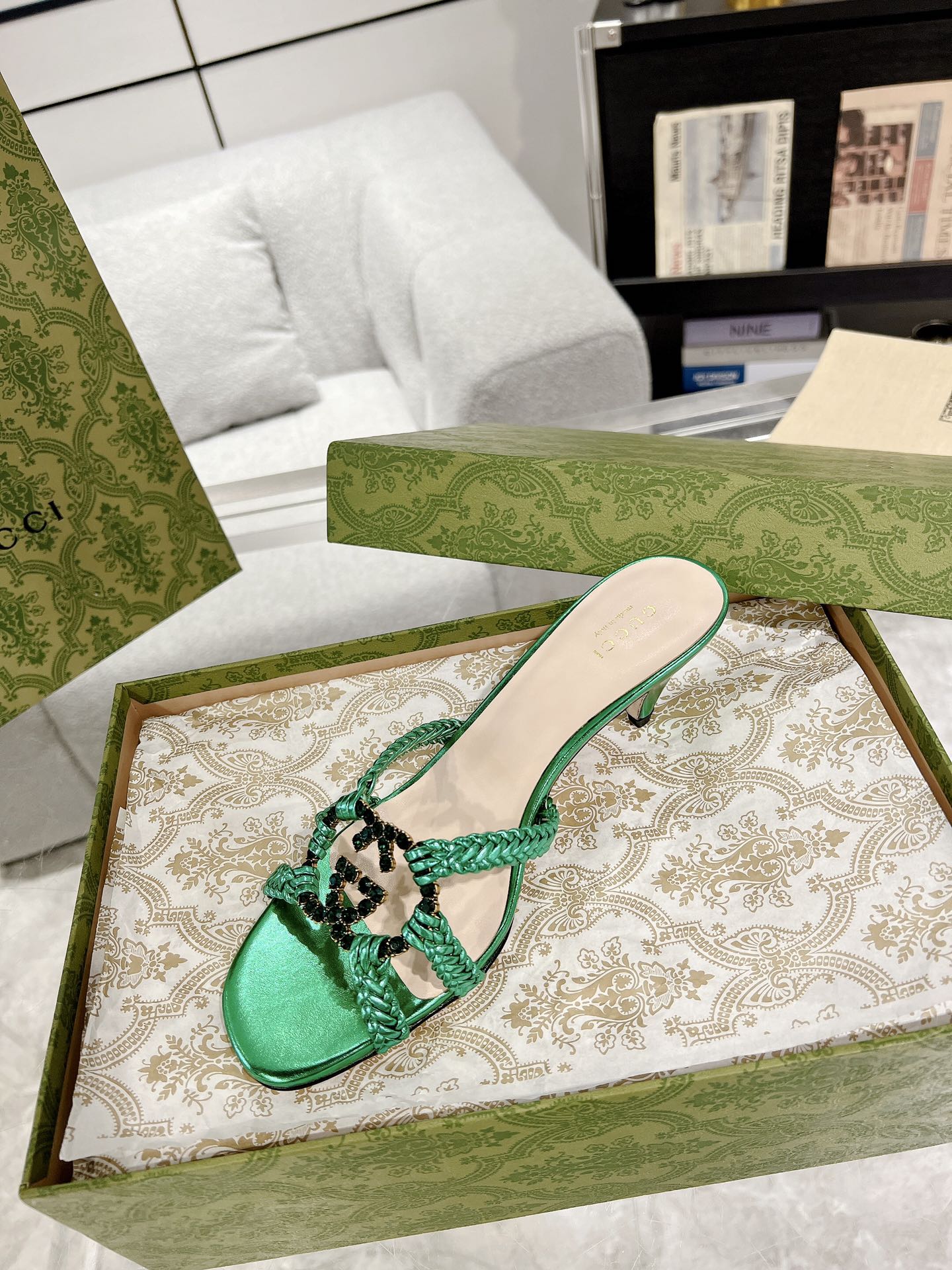 GG CRYSTAL MID - HEEL JADE GREEN CALFSKIN