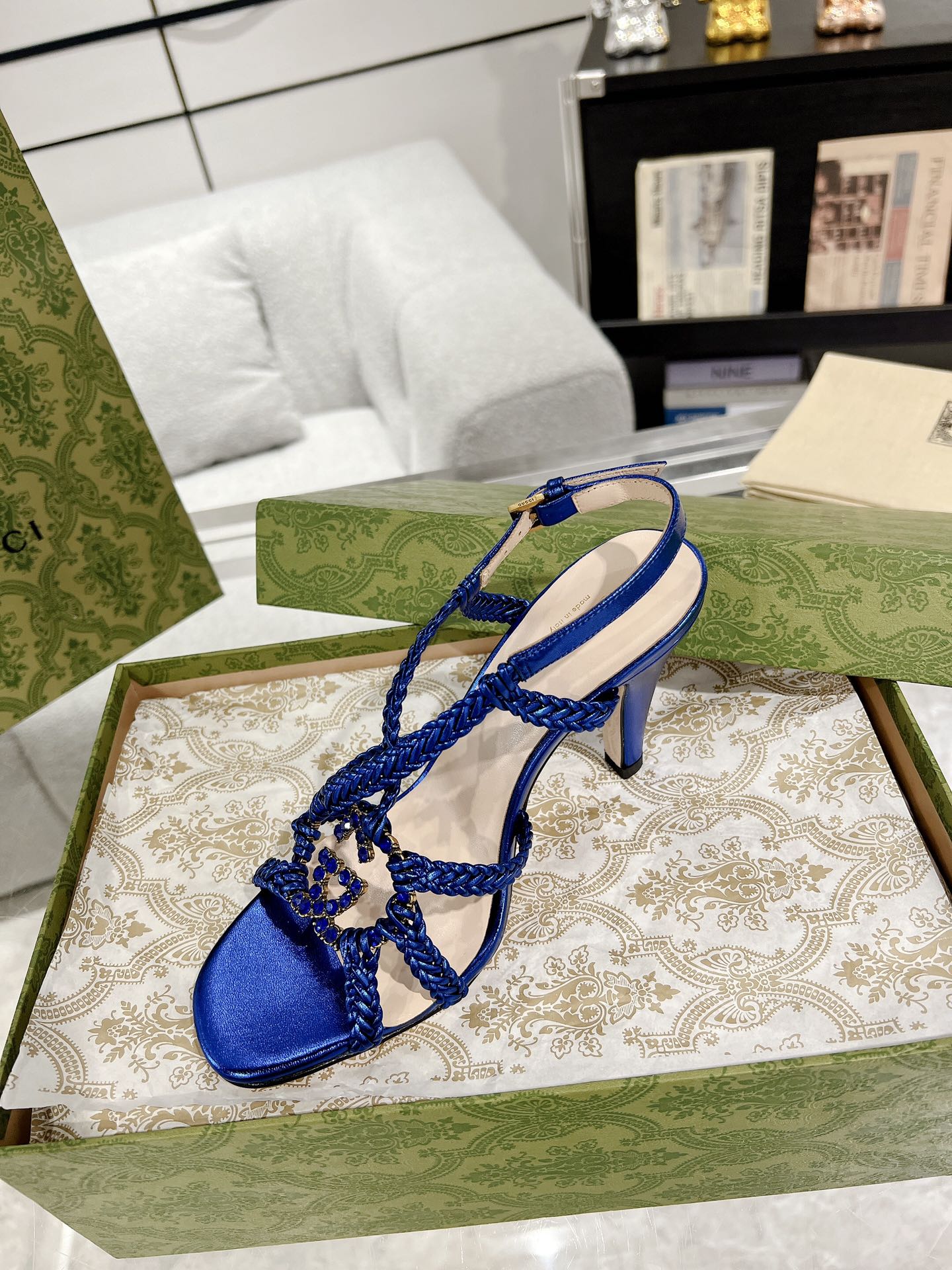 GG CRYSTAL HIGH HEEL SANDAL AZURE CALFSKIN SPECIAL