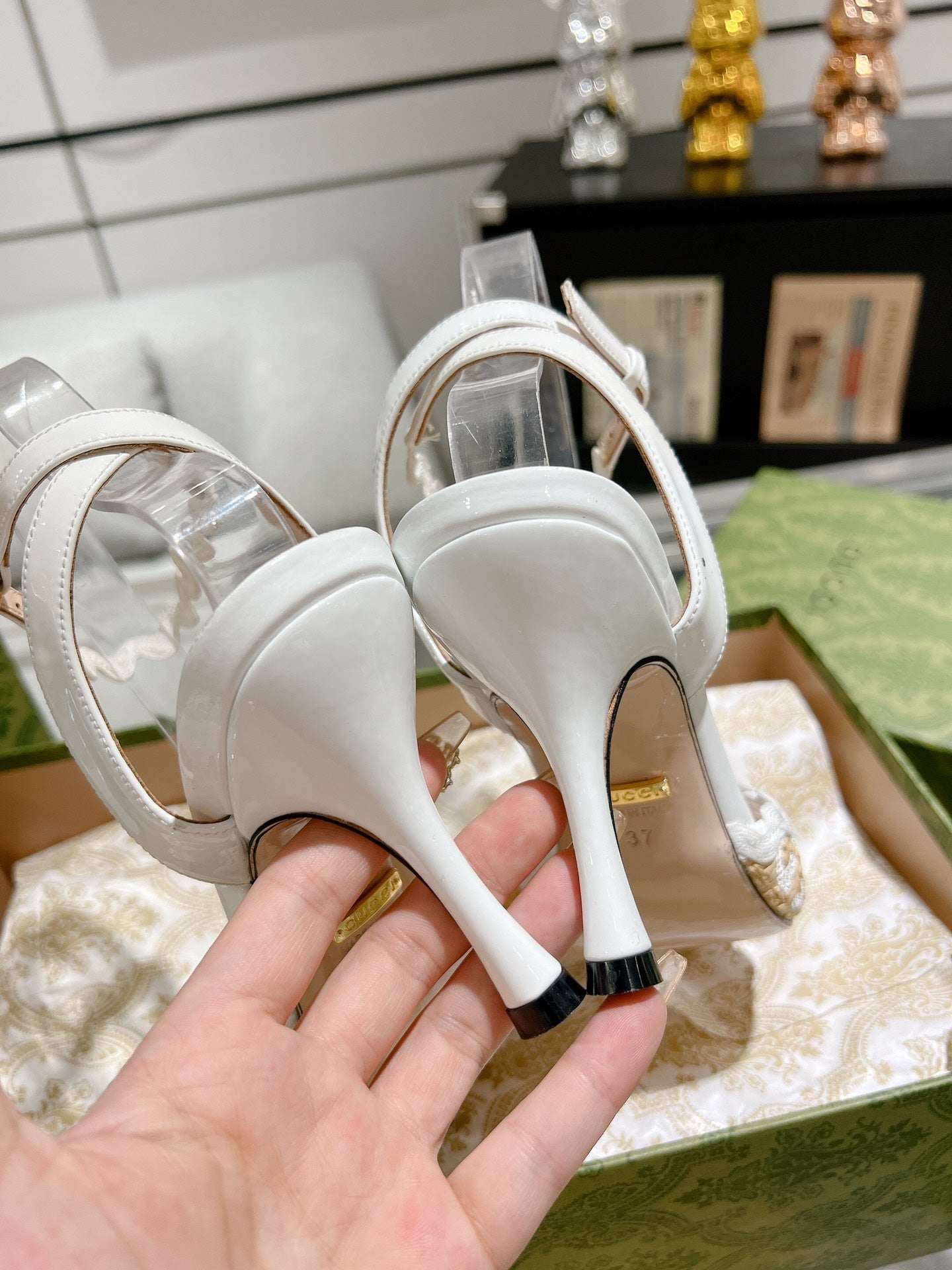 GG HIGH - HEEL SANDAL WHITE FABRIC ATTACH BOW